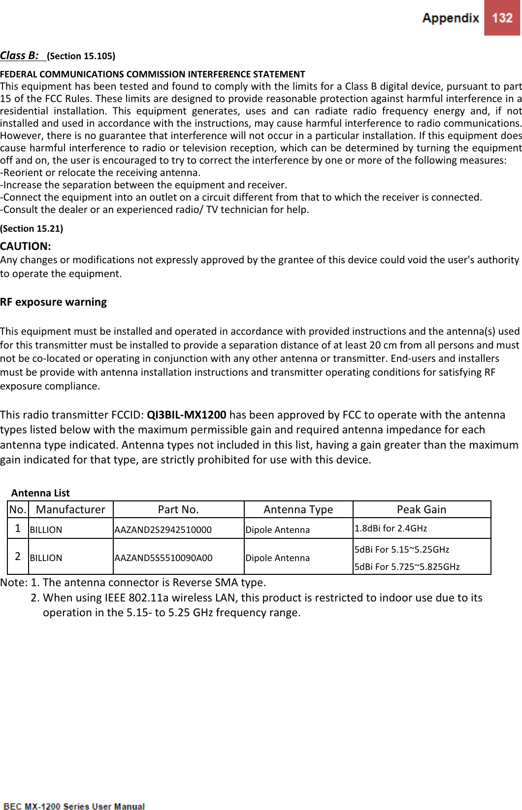  Class B:  (Section 15.105) FEDERAL COMMUNICATIONS COMMISSION INTERFERENCE STATEMENT   This equipment has been tested and found to comply with the limits for a Class B digital device, pursuant to part 15 of the FCC Rules. These limits are designed to provide reasonable protection against harmful interference in a residential  installation.  This  equipment  generates,  uses  and  can  radiate  radio  frequency  energy  and,  if  not installed and used in accordance with the instructions, may cause harmful interference to radio communications. However, there is no guarantee that interference will not occur in a particular installation. If this equipment does cause harmful interference to radio or television reception, which can be determined by turning the equipment off and on, the user is encouraged to try to correct the interference by one or more of the following measures: -Reorient or relocate the receiving antenna. -Increase the separation between the equipment and receiver. -Connect the equipment into an outlet on a circuit different from that to which the receiver is connected. -Consult the dealer or an experienced radio/ TV technician for help. (Section 15.21) CAUTION:   Any changes or modifications not expressly approved by the grantee of this device could void the user&apos;s authority to operate the equipment.  RF exposure warning          This equipment must be installed and operated in accordance with provided instructions and the antenna(s) used for this transmitter must be installed to provide a separation distance of at least 20 cm from all persons and must not be co-located or operating in conjunction with any other antenna or transmitter. End-users and installers must be provide with antenna installation instructions and transmitter operating conditions for satisfying RF exposure compliance.  This radio transmitter FCCID: QI3BIL-MX1200 has been approved by FCC to operate with the antenna types listed below with the maximum permissible gain and required antenna impedance for each antenna type indicated. Antenna types not included in this list, having a gain greater than the maximum gain indicated for that type, are strictly prohibited for use with this device.  Antenna List No. Manufacturer Part No.  Antenna Type  Peak Gain 1 BILLION  AAZAND2S2942510000  Dipole Antenna  1.8dBi for 2.4GHz 2 BILLION  AAZAND5S5510090A00  Dipole Antenna  5dBi For 5.15~5.25GHz 5dBi For 5.725~5.825GHz Note: 1. The antenna connector is Reverse SMA type. 2. When using IEEE 802.11a wireless LAN, this product is restricted to indoor use due to its   operation in the 5.15- to 5.25 GHz frequency range.   