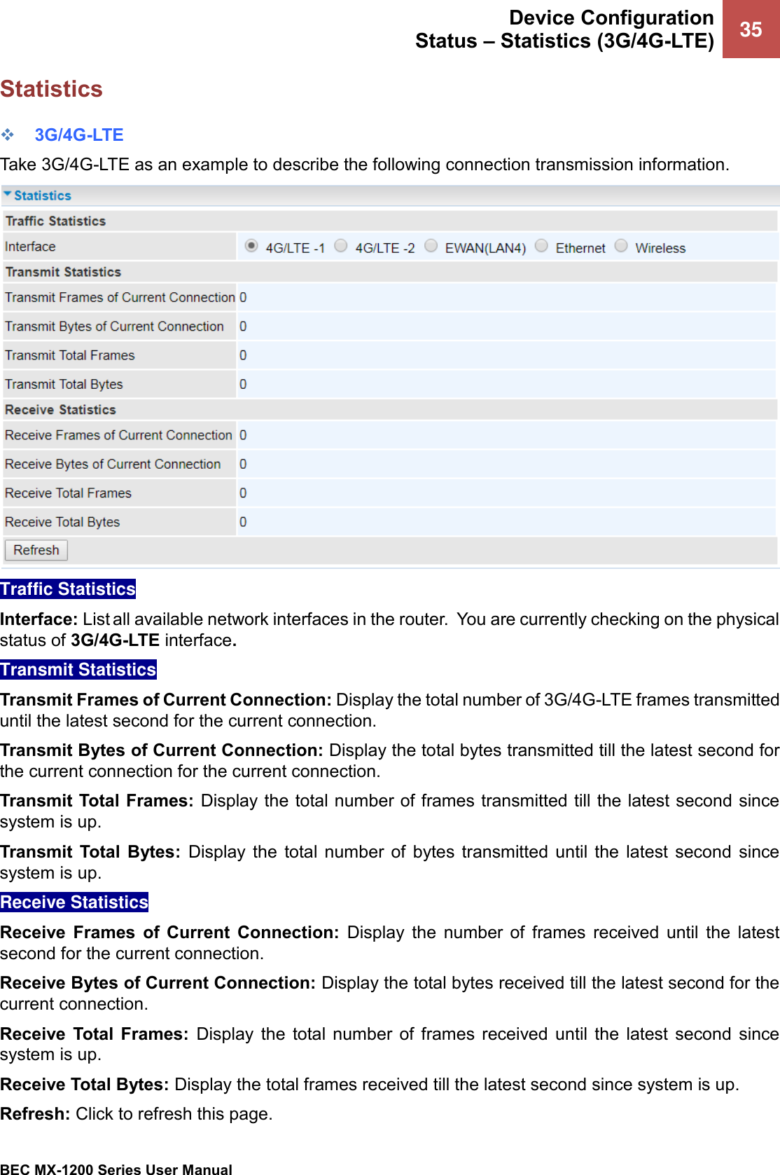  Device Configuration Status – Statistics (3G/4G-LTE) 35   BEC MX-1200 Series User Manual  Statistics ❖ 3G/4G-LTE Take 3G/4G-LTE as an example to describe the following connection transmission information.  Traffic Statistics  Interface: List all available network interfaces in the router.  You are currently checking on the physical status of 3G/4G-LTE interface.  Transmit Statistics  Transmit Frames of Current Connection: Display the total number of 3G/4G-LTE frames transmitted until the latest second for the current connection. Transmit Bytes of Current Connection: Display the total bytes transmitted till the latest second for the current connection for the current connection. Transmit Total Frames: Display the total number of frames transmitted till the latest second since system is up. Transmit  Total  Bytes:  Display  the  total  number of  bytes  transmitted  until  the  latest  second  since system is up. Receive Statistics  Receive  Frames  of  Current  Connection:  Display  the  number  of  frames  received  until  the  latest second for the current connection. Receive Bytes of Current Connection: Display the total bytes received till the latest second for the current connection. Receive  Total  Frames:  Display  the  total  number  of  frames  received  until  the  latest  second  since system is up. Receive Total Bytes: Display the total frames received till the latest second since system is up. Refresh: Click to refresh this page. 