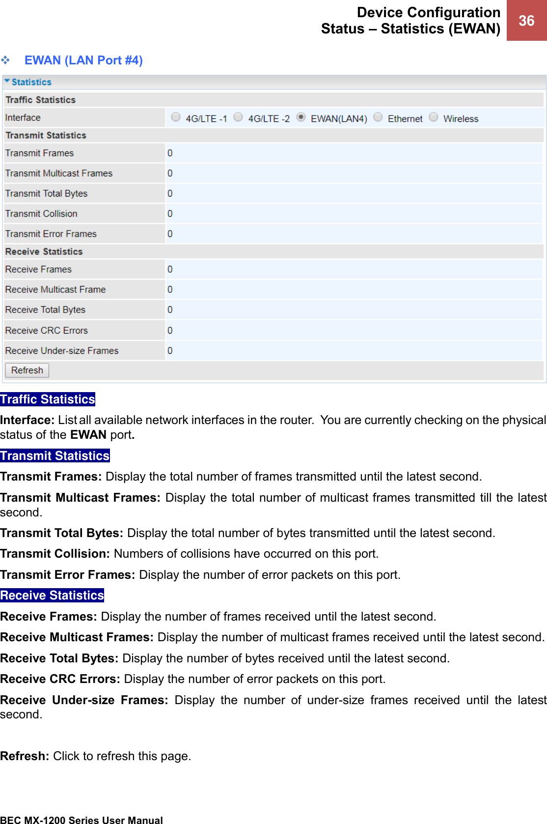  Device Configuration Status – Statistics (EWAN) 36   BEC MX-1200 Series User Manual  ❖ EWAN (LAN Port #4)  Traffic Statistics  Interface: List all available network interfaces in the router.  You are currently checking on the physical status of the EWAN port.  Transmit Statistics  Transmit Frames: Display the total number of frames transmitted until the latest second. Transmit Multicast Frames: Display the total number of multicast frames transmitted till the latest second. Transmit Total Bytes: Display the total number of bytes transmitted until the latest second. Transmit Collision: Numbers of collisions have occurred on this port. Transmit Error Frames: Display the number of error packets on this port. Receive Statistics  Receive Frames: Display the number of frames received until the latest second. Receive Multicast Frames: Display the number of multicast frames received until the latest second. Receive Total Bytes: Display the number of bytes received until the latest second. Receive CRC Errors: Display the number of error packets on this port. Receive  Under-size  Frames:  Display  the  number  of  under-size  frames  received  until  the  latest second.  Refresh: Click to refresh this page. 