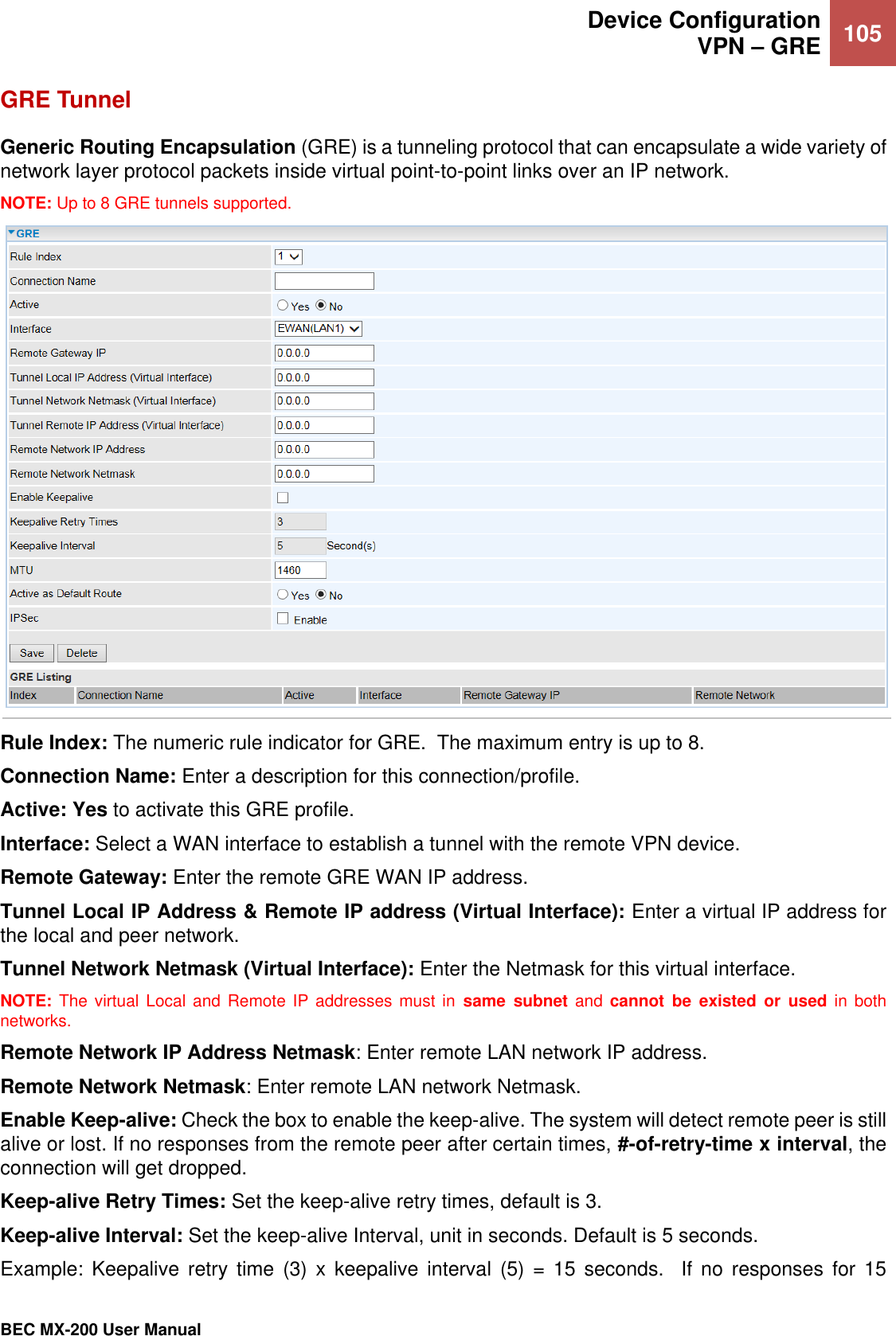  Device Configuration VPN – GRE 105   BEC MX-200 User Manual  GRE Tunnel Generic Routing Encapsulation (GRE) is a tunneling protocol that can encapsulate a wide variety of network layer protocol packets inside virtual point-to-point links over an IP network. NOTE: Up to 8 GRE tunnels supported.  Rule Index: The numeric rule indicator for GRE.  The maximum entry is up to 8. Connection Name: Enter a description for this connection/profile. Active: Yes to activate this GRE profile. Interface: Select a WAN interface to establish a tunnel with the remote VPN device.  Remote Gateway: Enter the remote GRE WAN IP address. Tunnel Local IP Address &amp; Remote IP address (Virtual Interface): Enter a virtual IP address for the local and peer network. Tunnel Network Netmask (Virtual Interface): Enter the Netmask for this virtual interface. NOTE: The virtual  Local  and  Remote IP addresses must in  same  subnet and  cannot  be  existed  or  used  in  both networks.  Remote Network IP Address Netmask: Enter remote LAN network IP address. Remote Network Netmask: Enter remote LAN network Netmask. Enable Keep-alive: Check the box to enable the keep-alive. The system will detect remote peer is still alive or lost. If no responses from the remote peer after certain times, #-of-retry-time x interval, the connection will get dropped. Keep-alive Retry Times: Set the keep-alive retry times, default is 3. Keep-alive Interval: Set the keep-alive Interval, unit in seconds. Default is 5 seconds. Example:  Keepalive  retry  time  (3)  x  keepalive  interval  (5)  =  15  seconds.    If  no  responses  for  15 