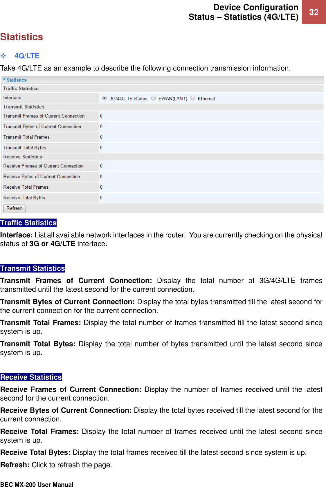  Device Configuration Status – Statistics (4G/LTE) 32   BEC MX-200 User Manual  Statistics  4G/LTE Take 4G/LTE as an example to describe the following connection transmission information.  Traffic Statistics  Interface: List all available network interfaces in the router.  You are currently checking on the physical status of 3G or 4G/LTE interface.   Transmit Statistics  Transmit  Frames  of  Current  Connection:  Display  the  total  number  of  3G/4G/LTE  frames transmitted until the latest second for the current connection. Transmit Bytes of Current Connection: Display the total bytes transmitted till the latest second for the current connection for the current connection. Transmit Total Frames: Display the total number of frames transmitted till the latest second since system is up. Transmit Total  Bytes: Display the total number of bytes transmitted until the latest second since system is up.  Receive Statistics  Receive Frames  of Current  Connection: Display the number of frames received until the latest second for the current connection. Receive Bytes of Current Connection: Display the total bytes received till the latest second for the current connection. Receive Total  Frames: Display the total number of frames received until the latest second since system is up. Receive Total Bytes: Display the total frames received till the latest second since system is up. Refresh: Click to refresh the page. 