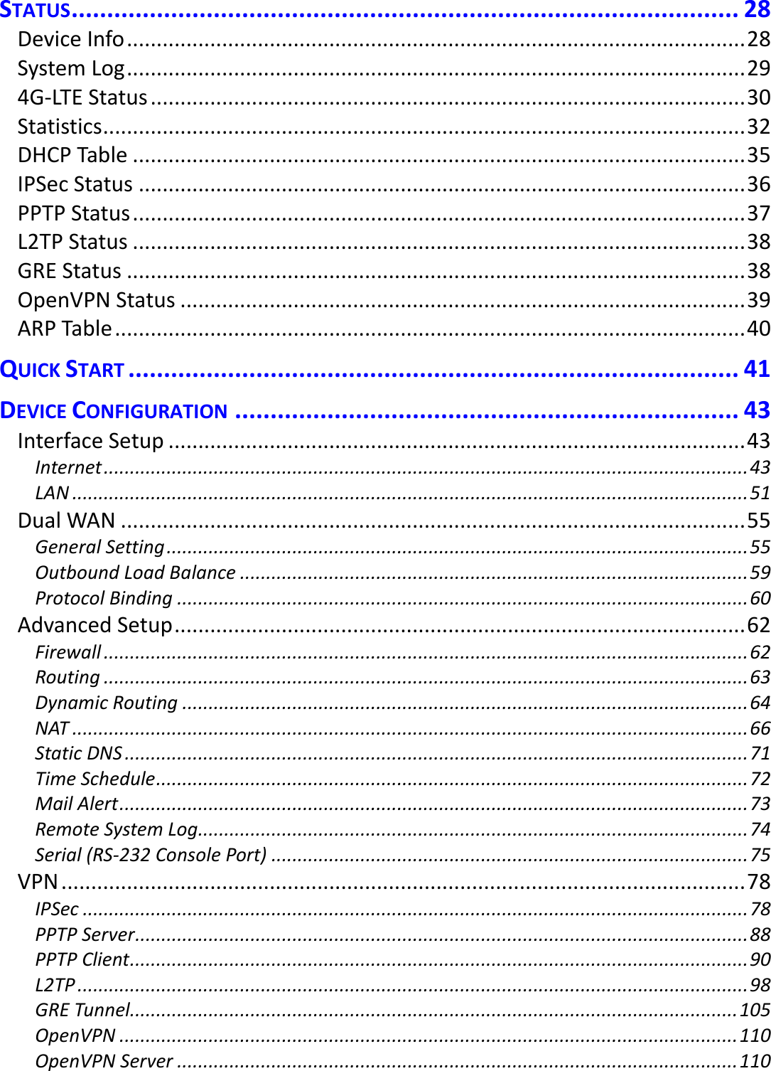   STATUS .............................................................................................. 28 Device Info ........................................................................................................ 28 System Log ........................................................................................................ 29 4G-LTE Status .................................................................................................... 30 Statistics ............................................................................................................ 32 DHCP Table ....................................................................................................... 35 IPSec Status ...................................................................................................... 36 PPTP Status ....................................................................................................... 37 L2TP Status ....................................................................................................... 38 GRE Status ........................................................................................................ 38 OpenVPN Status ............................................................................................... 39 ARP Table .......................................................................................................... 40 QUICK START ...................................................................................... 41 DEVICE CONFIGURATION ....................................................................... 43 Interface Setup ................................................................................................. 43 Internet ........................................................................................................................... 43 LAN ................................................................................................................................. 51 Dual WAN ......................................................................................................... 55 General Setting ............................................................................................................... 55 Outbound Load Balance ................................................................................................. 59 Protocol Binding ............................................................................................................. 60 Advanced Setup ................................................................................................ 62 Firewall ........................................................................................................................... 62 Routing ........................................................................................................................... 63 Dynamic Routing ............................................................................................................ 64 NAT ................................................................................................................................. 66 Static DNS ....................................................................................................................... 71 Time Schedule ................................................................................................................. 72 Mail Alert ........................................................................................................................ 73 Remote System Log......................................................................................................... 74 Serial (RS-232 Console Port) ........................................................................................... 75 VPN ................................................................................................................... 78 IPSec ............................................................................................................................... 78 PPTP Server ..................................................................................................................... 88 PPTP Client ...................................................................................................................... 90 L2TP ................................................................................................................................ 98 GRE Tunnel.................................................................................................................... 105 OpenVPN ...................................................................................................................... 110 OpenVPN Server ........................................................................................................... 110 