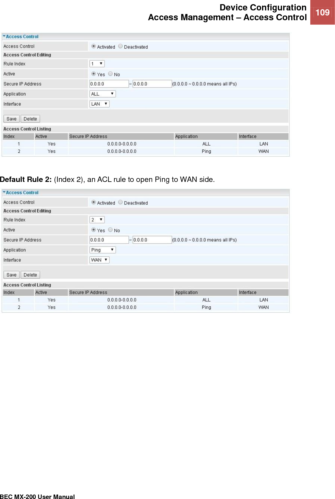  Device Configuration Access Management – Access Control 109   BEC MX-200 User Manual    Default Rule 2: (Index 2), an ACL rule to open Ping to WAN side.        