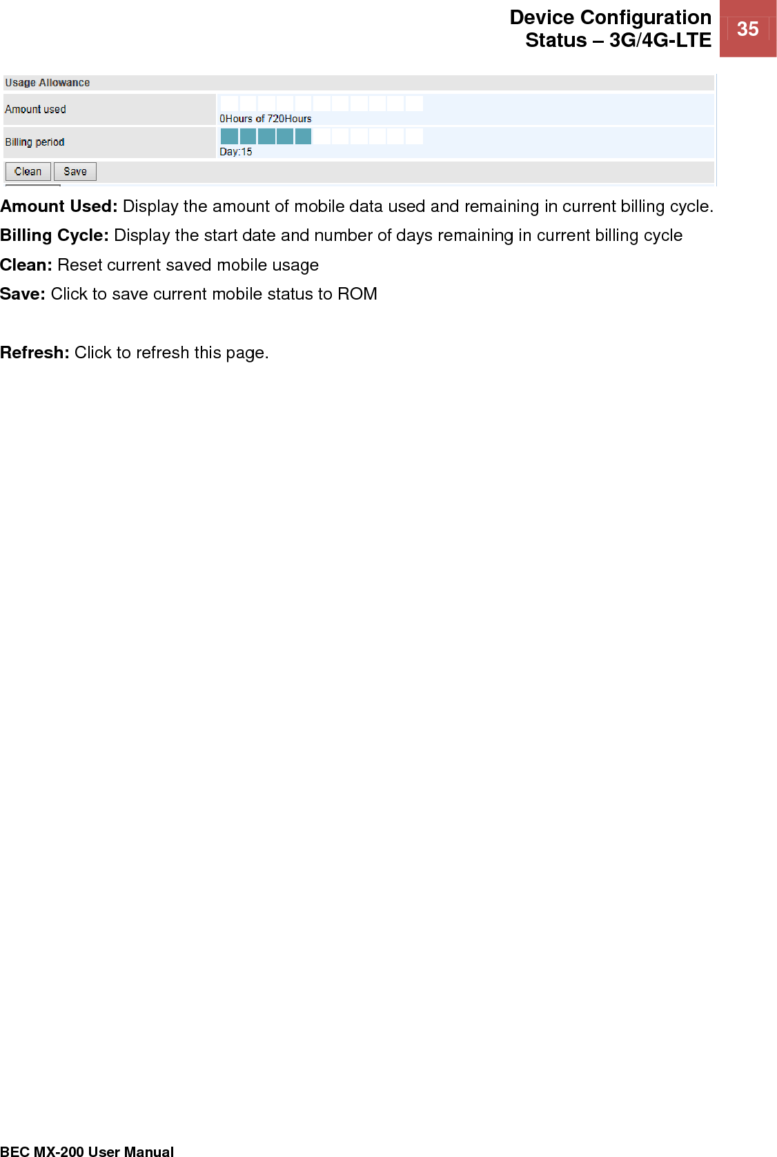  Device Configuration Status – 3G/4G-LTE 35   BEC MX-200 User Manual   Amount Used: Display the amount of mobile data used and remaining in current billing cycle. Billing Cycle: Display the start date and number of days remaining in current billing cycle  Clean: Reset current saved mobile usage  Save: Click to save current mobile status to ROM  Refresh: Click to refresh this page. 