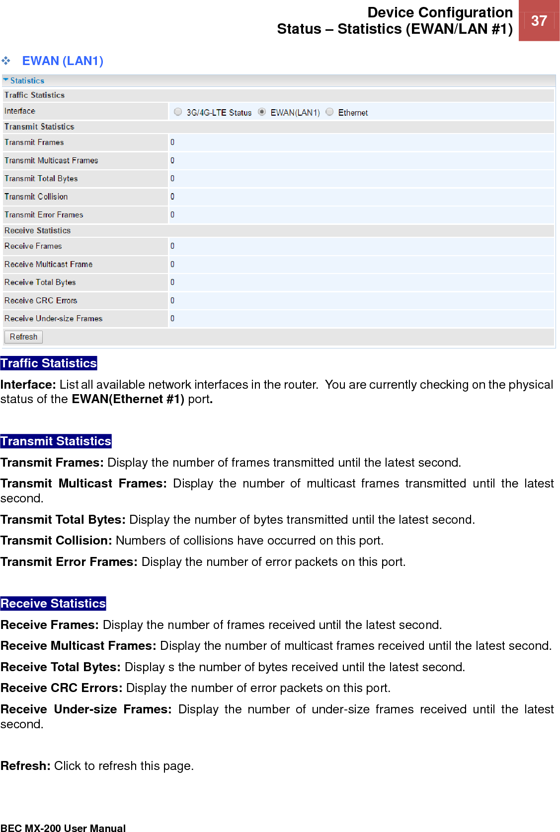  Device Configuration Status – Statistics (EWAN/LAN #1) 37   BEC MX-200 User Manual   EWAN (LAN1)  Traffic Statistics  Interface: List all available network interfaces in the router.  You are currently checking on the physical status of the EWAN(Ethernet #1) port.   Transmit Statistics  Transmit Frames: Display the number of frames transmitted until the latest second. Transmit  Multicast  Frames:  Display  the  number  of  multicast  frames  transmitted  until  the  latest second. Transmit Total Bytes: Display the number of bytes transmitted until the latest second. Transmit Collision: Numbers of collisions have occurred on this port. Transmit Error Frames: Display the number of error packets on this port.  Receive Statistics  Receive Frames: Display the number of frames received until the latest second. Receive Multicast Frames: Display the number of multicast frames received until the latest second. Receive Total Bytes: Display s the number of bytes received until the latest second. Receive CRC Errors: Display the number of error packets on this port. Receive  Under-size  Frames:  Display  the  number  of  under-size  frames  received  until  the  latest second.  Refresh: Click to refresh this page.  