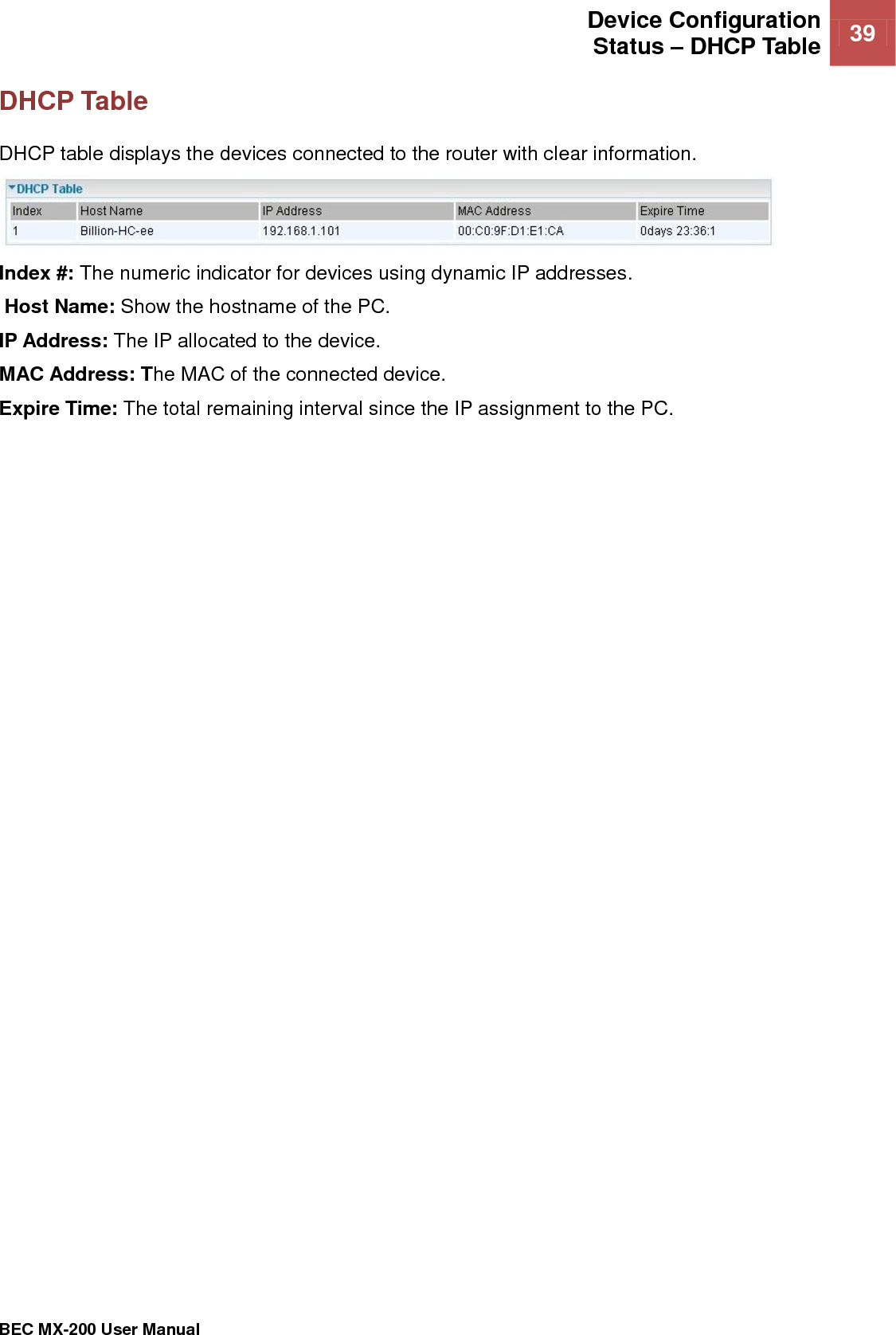  Device Configuration Status – DHCP Table 39   BEC MX-200 User Manual  DHCP Table DHCP table displays the devices connected to the router with clear information.  Index #: The numeric indicator for devices using dynamic IP addresses.    Host Name: Show the hostname of the PC. IP Address: The IP allocated to the device. MAC Address: The MAC of the connected device. Expire Time: The total remaining interval since the IP assignment to the PC. 