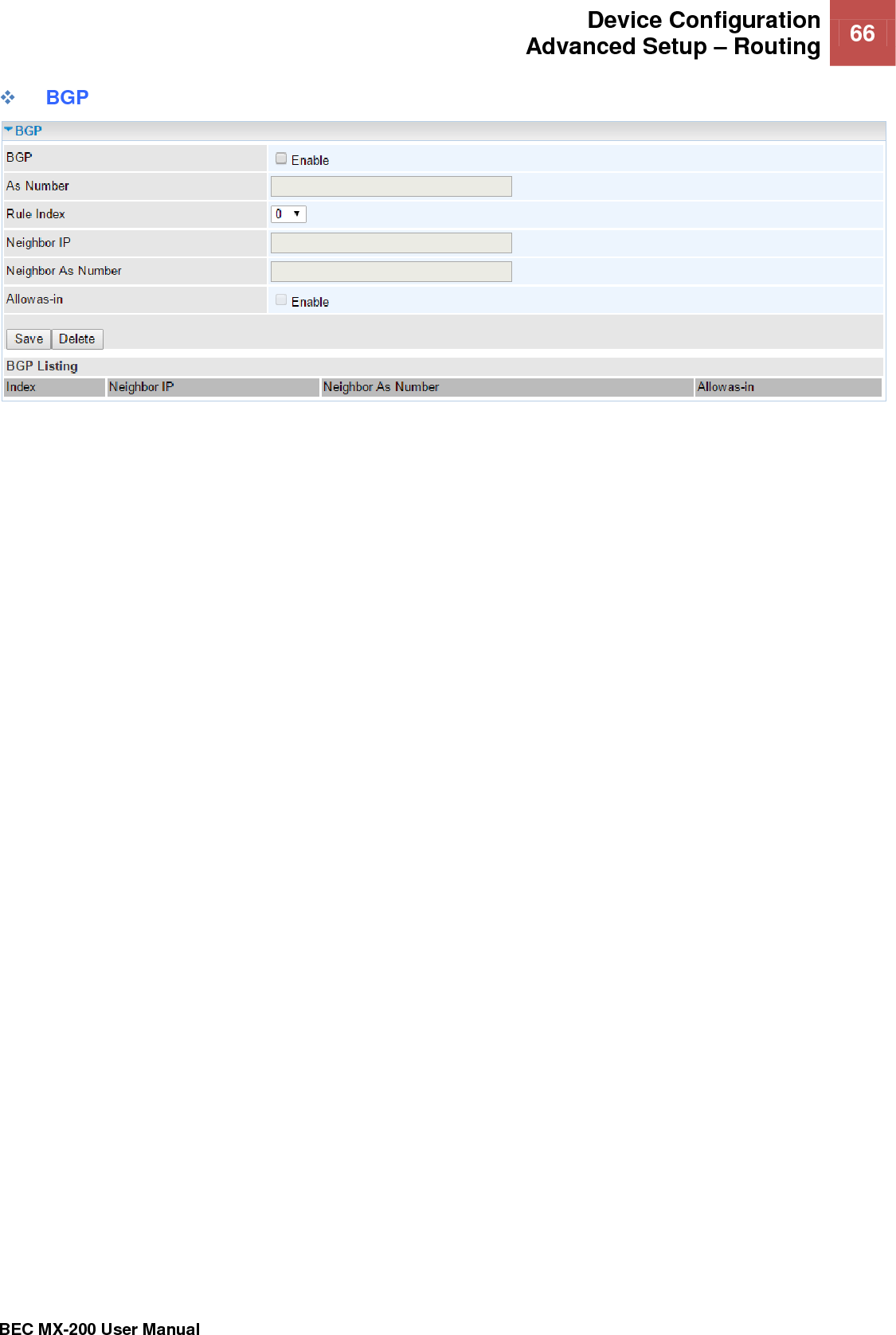  Device Configuration Advanced Setup – Routing 66   BEC MX-200 User Manual   BGP  