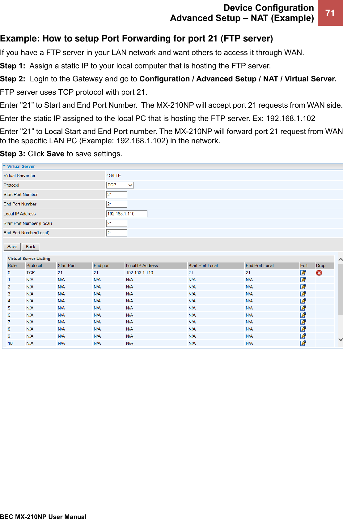  Device Configuration Advanced Setup – NAT (Example) 71   BEC MX-210NP User Manual  Example: How to setup Port Forwarding for port 21 (FTP server) If you have a FTP server in your LAN network and want others to access it through WAN. Step 1:  Assign a static IP to your local computer that is hosting the FTP server. Step 2:  Login to the Gateway and go to Configuration / Advanced Setup / NAT / Virtual Server. FTP server uses TCP protocol with port 21.  Enter &quot;21” to Start and End Port Number.  The MX-210NP will accept port 21 requests from WAN side.   Enter the static IP assigned to the local PC that is hosting the FTP server. Ex: 192.168.1.102 Enter &quot;21” to Local Start and End Port number. The MX-210NP will forward port 21 request from WAN to the specific LAN PC (Example: 192.168.1.102) in the network.  Step 3: Click Save to save settings.    