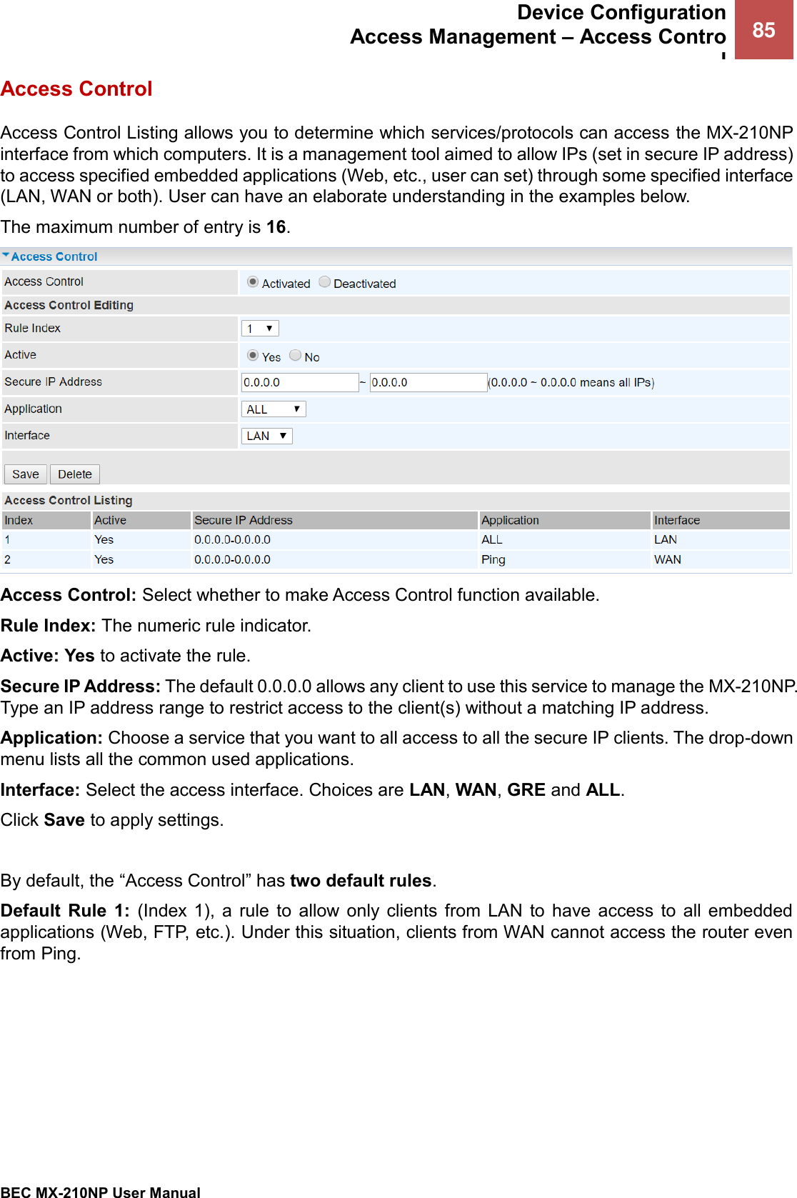  Device Configuration Access Management – Access Control 85   BEC MX-210NP User Manual  Access Control Access Control Listing allows you to determine which services/protocols can access the MX-210NP interface from which computers. It is a management tool aimed to allow IPs (set in secure IP address) to access specified embedded applications (Web, etc., user can set) through some specified interface (LAN, WAN or both). User can have an elaborate understanding in the examples below. The maximum number of entry is 16.  Access Control: Select whether to make Access Control function available. Rule Index: The numeric rule indicator. Active: Yes to activate the rule. Secure IP Address: The default 0.0.0.0 allows any client to use this service to manage the MX-210NP. Type an IP address range to restrict access to the client(s) without a matching IP address. Application: Choose a service that you want to all access to all the secure IP clients. The drop-down menu lists all the common used applications. Interface: Select the access interface. Choices are LAN, WAN, GRE and ALL. Click Save to apply settings.   By default, the “Access Control” has two default rules.  Default  Rule  1:  (Index  1),  a  rule  to  allow  only  clients  from  LAN  to  have  access  to  all  embedded applications (Web, FTP, etc.). Under this situation, clients from WAN cannot access the router even from Ping. 
