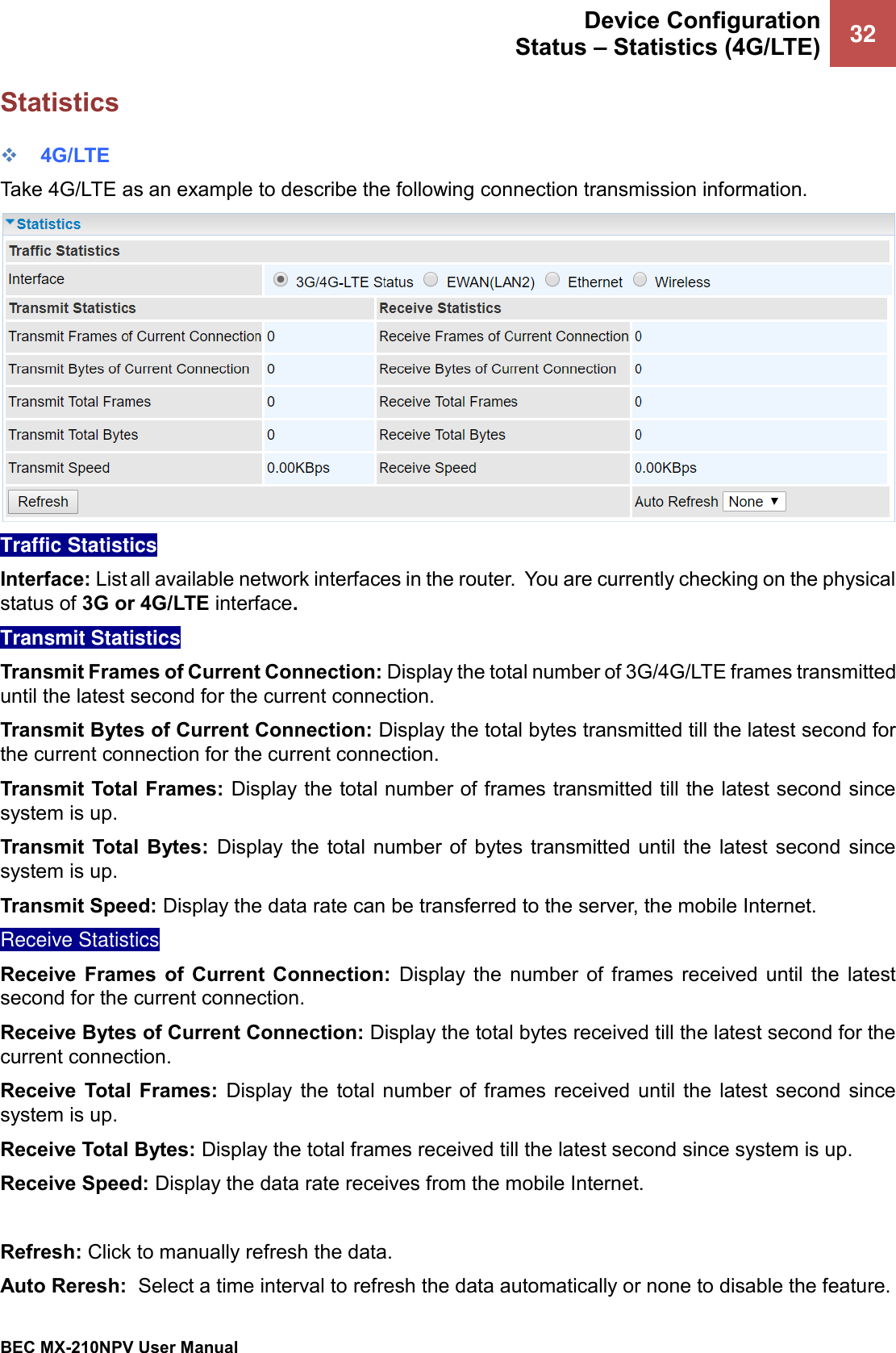  Device Configuration Status – Statistics (4G/LTE) 32   BEC MX-210NPV User Manual  Statistics ❖ 4G/LTE Take 4G/LTE as an example to describe the following connection transmission information.  Traffic Statistics  Interface: List all available network interfaces in the router.  You are currently checking on the physical status of 3G or 4G/LTE interface.  Transmit Statistics  Transmit Frames of Current Connection: Display the total number of 3G/4G/LTE frames transmitted until the latest second for the current connection. Transmit Bytes of Current Connection: Display the total bytes transmitted till the latest second for the current connection for the current connection. Transmit Total Frames: Display the total number of frames transmitted till the latest second since system is up. Transmit Total  Bytes:  Display  the  total  number  of  bytes  transmitted  until  the  latest second since system is up. Transmit Speed: Display the data rate can be transferred to the server, the mobile Internet.  Receive Statistics  Receive  Frames  of  Current  Connection:  Display  the  number  of  frames  received  until the  latest second for the current connection. Receive Bytes of Current Connection: Display the total bytes received till the latest second for the current connection. Receive  Total  Frames:  Display  the  total number  of  frames  received until  the  latest second  since system is up. Receive Total Bytes: Display the total frames received till the latest second since system is up. Receive Speed: Display the data rate receives from the mobile Internet.   Refresh: Click to manually refresh the data. Auto Reresh:  Select a time interval to refresh the data automatically or none to disable the feature. 