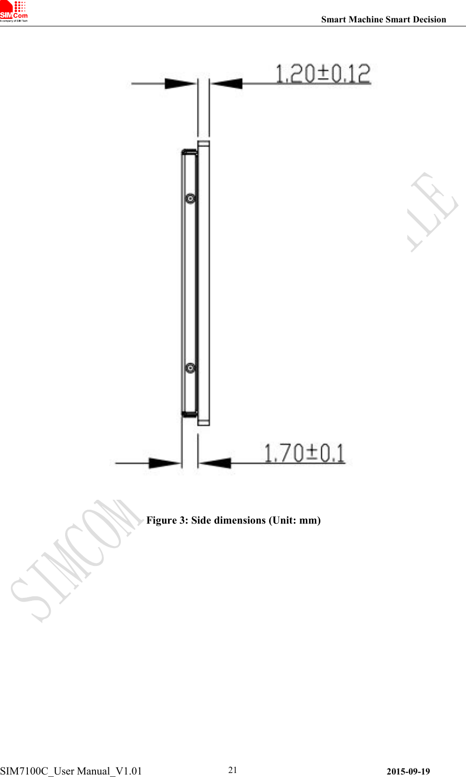 Smart Machine Smart DecisionSIM7100C_User Manual_V1.01 2015-09-1921Figure 3: Side dimensions (Unit: mm)