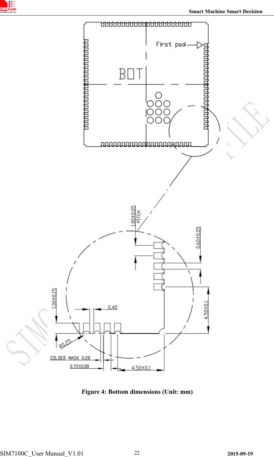 Smart Machine Smart DecisionSIM7100C_User Manual_V1.01 2015-09-1922Figure 4: Bottom dimensions (Unit: mm)