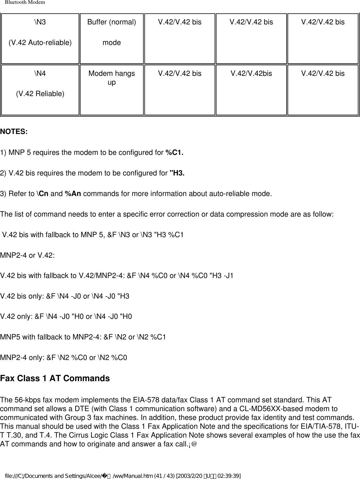 Bluetooth Modem\N3(V.42 Auto-reliable)Buffer (normal)modeV.42/V.42 bis V.42/V.42 bis V.42/V.42 bis\N4(V.42 Reliable)Modem hangs up V.42/V.42 bis V.42/V.42bis V.42/V.42 bisNOTES:1) MNP 5 requires the modem to be configured for %C1.2) V.42 bis requires the modem to be configured for &quot;H3.3) Refer to \Cn and %An commands for more information about auto-reliable mode.The list of command needs to enter a specific error correction or data compression mode are as follow: V.42 bis with fallback to MNP 5, &amp;F \N3 or \N3 &quot;H3 %C1 MNP2-4 or V.42:V.42 bis with fallback to V.42/MNP2-4: &amp;F \N4 %C0 or \N4 %C0 &quot;H3 -J1V.42 bis only: &amp;F \N4 -J0 or \N4 -J0 &quot;H3 V.42 only: &amp;F \N4 -J0 &quot;H0 or \N4 -J0 &quot;H0MNP5 with fallback to MNP2-4: &amp;F \N2 or \N2 %C1MNP2-4 only: &amp;F \N2 %C0 or \N2 %C0Fax Class 1 AT CommandsThe 56-kbps fax modem implements the EIA-578 data/fax Class 1 AT command set standard. This AT command set allows a DTE (with Class 1 communication software) and a CL-MD56XX-based modem to communicated with Group 3 fax machines. In addition, these product provide fax identity and test commands. This manual should be used with the Class 1 Fax Application Note and the specifications for EIA/TIA-578, ITU-T T.30, and T.4. The Cirrus Logic Class 1 Fax Application Note shows several examples of how the use the fax AT commands and how to originate and answer a fax call.¡@file:///C|/Documents and Settings/Alcee/面/ww/Manual.htm (41 / 43) [2003/2/20 ､U､ﾈ 02:39:39]