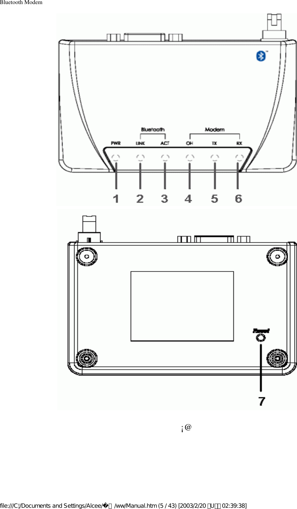 Bluetooth Modem        ¡@file:///C|/Documents and Settings/Alcee/面/ww/Manual.htm (5 / 43) [2003/2/20 ､U､ﾈ 02:39:38]