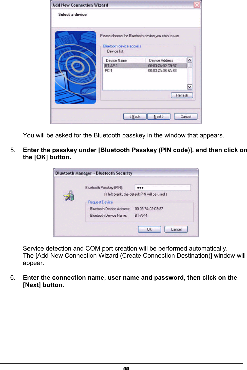   45 You will be asked for the Bluetooth passkey in the window that appears. 5.  Enter the passkey under [Bluetooth Passkey (PIN code)], and then click on the [OK] button.  Service detection and COM port creation will be performed automatically. The [Add New Connection Wizard (Create Connection Destination)] window will appear. 6.  Enter the connection name, user name and password, then click on the        [Next] button. 