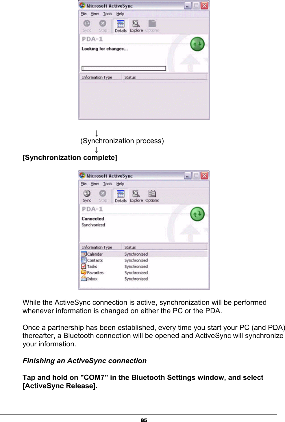   85           ↓         (Synchronization process)           ↓ [Synchronization complete]  While the ActiveSync connection is active, synchronization will be performed whenever information is changed on either the PC or the PDA.  Once a partnership has been established, every time you start your PC (and PDA) thereafter, a Bluetooth connection will be opened and ActiveSync will synchronize your information. Finishing an ActiveSync connection Tap and hold on &quot;COM7&quot; in the Bluetooth Settings window, and select [ActiveSync Release]. 