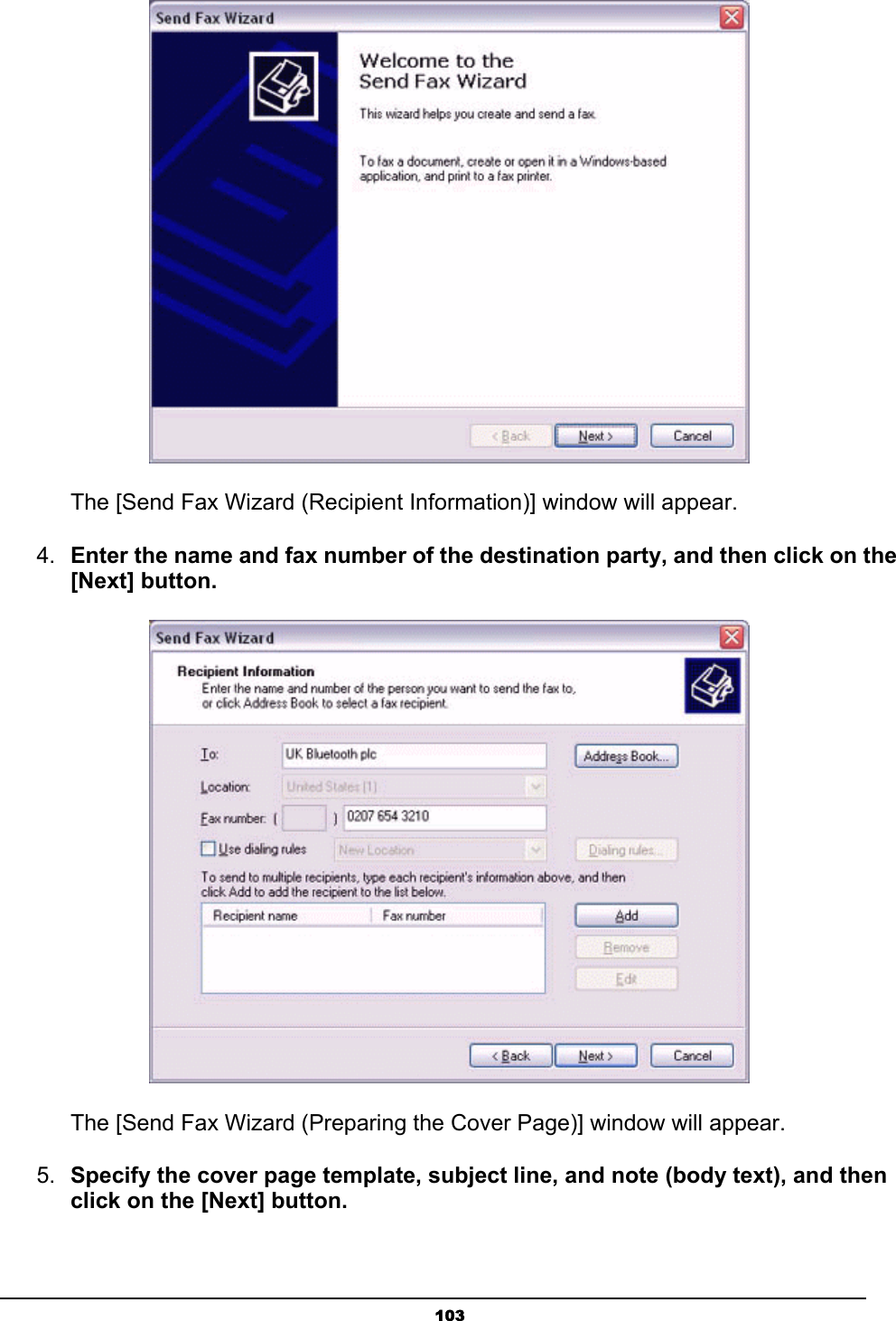   103       The [Send Fax Wizard (Recipient Information)] window will appear. 4.  Enter the name and fax number of the destination party, and then click on the [Next] button.        The [Send Fax Wizard (Preparing the Cover Page)] window will appear. 5.  Specify the cover page template, subject line, and note (body text), and then click on the [Next] button. 