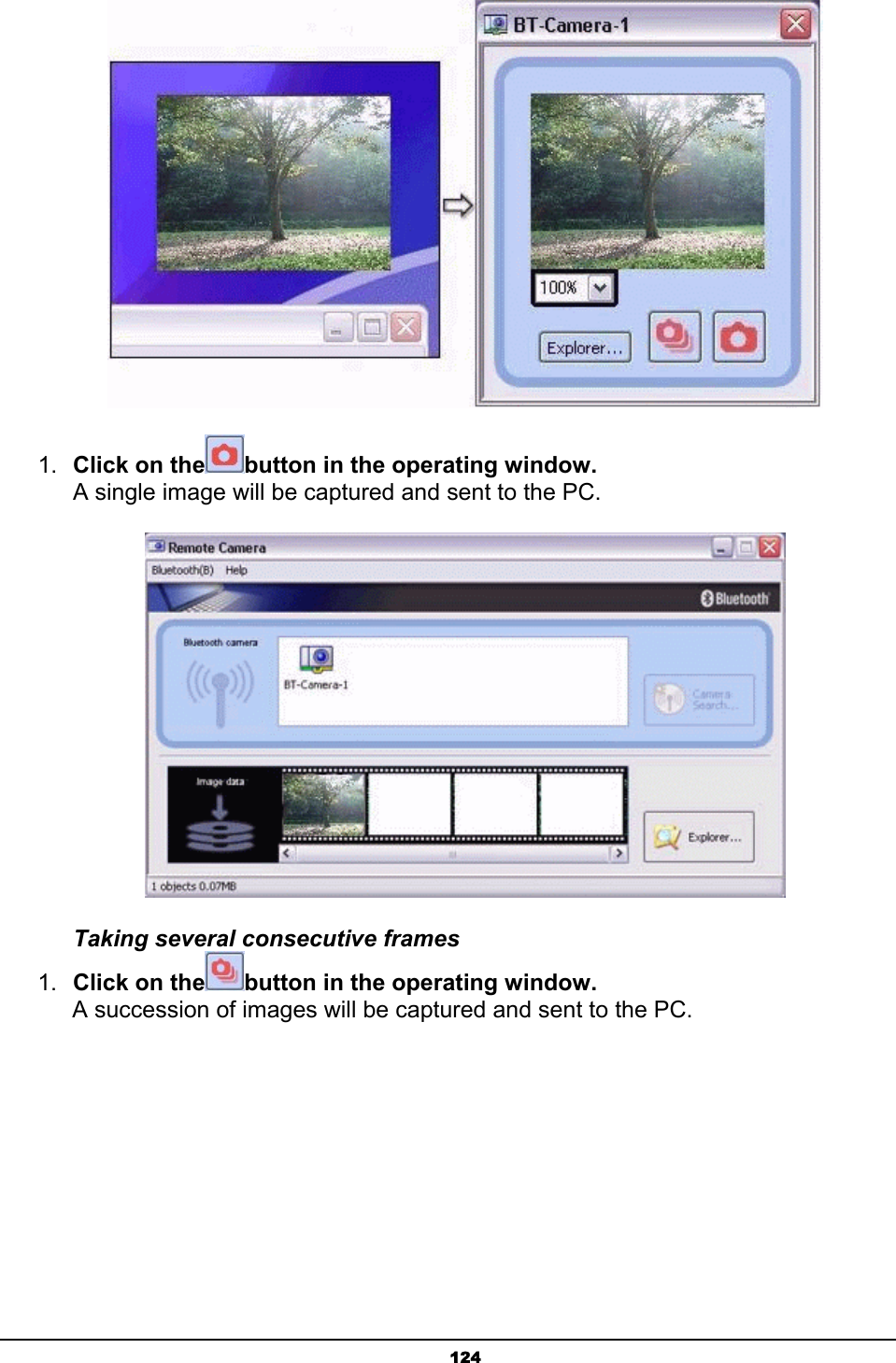   124 1.  Click on the button in the operating window. A single image will be captured and sent to the PC.  Taking several consecutive frames 1.  Click on the button in the operating window. A succession of images will be captured and sent to the PC. 
