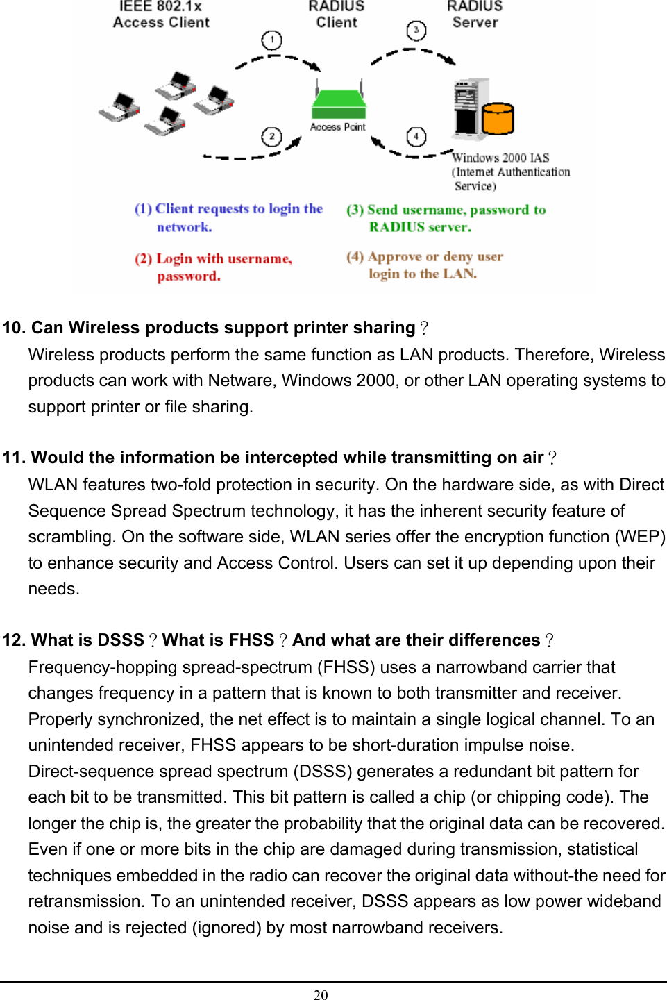  20   10. Can Wireless products support printer sharing？ Wireless products perform the same function as LAN products. Therefore, Wireless products can work with Netware, Windows 2000, or other LAN operating systems to support printer or file sharing.  11. Would the information be intercepted while transmitting on air？ WLAN features two-fold protection in security. On the hardware side, as with Direct Sequence Spread Spectrum technology, it has the inherent security feature of scrambling. On the software side, WLAN series offer the encryption function (WEP) to enhance security and Access Control. Users can set it up depending upon their needs.  12. What is DSSS？What is FHSS？And what are their differences？ Frequency-hopping spread-spectrum (FHSS) uses a narrowband carrier that changes frequency in a pattern that is known to both transmitter and receiver. Properly synchronized, the net effect is to maintain a single logical channel. To an unintended receiver, FHSS appears to be short-duration impulse noise. Direct-sequence spread spectrum (DSSS) generates a redundant bit pattern for each bit to be transmitted. This bit pattern is called a chip (or chipping code). The longer the chip is, the greater the probability that the original data can be recovered. Even if one or more bits in the chip are damaged during transmission, statistical techniques embedded in the radio can recover the original data without-the need for retransmission. To an unintended receiver, DSSS appears as low power wideband noise and is rejected (ignored) by most narrowband receivers.  