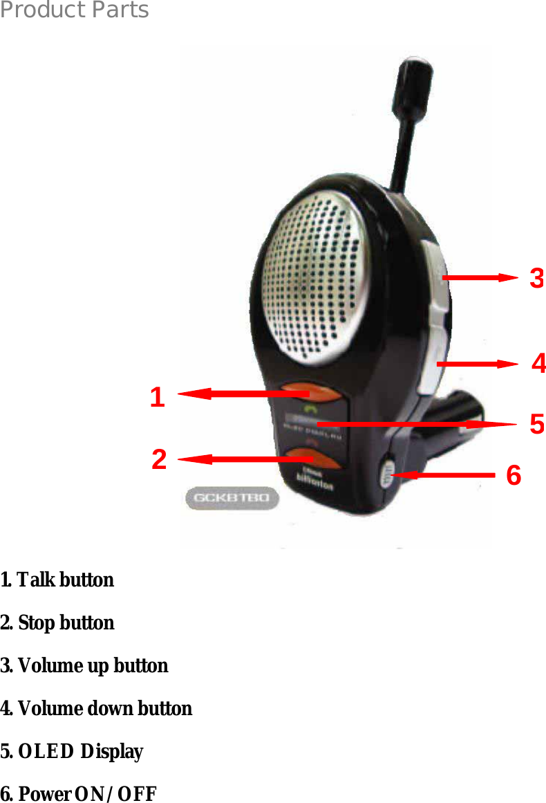  Product Parts       1. Talk button 2. Stop button 3. Volume up button 4. Volume down button 5. OLED Display 6. Power ON/OFF    12346 5