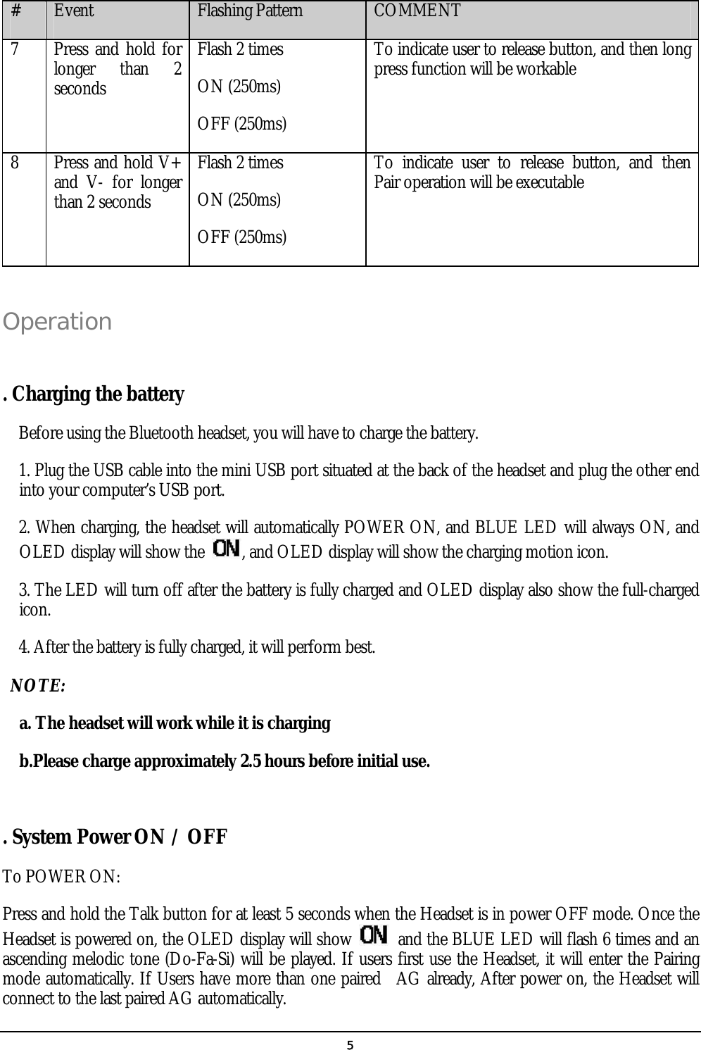   5 #  Event  Flashing Pattern  COMMENT 7  Press and hold for longer than 2 seconds Flash 2 times ON (250ms) OFF (250ms) To indicate user to release button, and then long press function will be workable 8  Press and hold V+ and V- for longer than 2 seconds Flash 2 times ON (250ms) OFF (250ms) To indicate user to release button, and then Pair operation will be executable  Operation   . Charging the battery   Before using the Bluetooth headset, you will have to charge the battery.     1. Plug the USB cable into the mini USB port situated at the back of the headset and plug the other end into your computer’s USB port.   2. When charging, the headset will automatically POWER ON, and BLUE LED will always ON, and OLED display will show the  , and OLED display will show the charging motion icon.     3. The LED will turn off after the battery is fully charged and OLED display also show the full-charged icon.     4. After the battery is fully charged, it will perform best.  NOTE:   a. The headset will work while it is charging b.Please charge approximately 2.5 hours before initial use.  . System Power ON / OFF To POWER ON: Press and hold the Talk button for at least 5 seconds when the Headset is in power OFF mode. Once the Headset is powered on, the OLED display will show    and the BLUE LED will flash 6 times and an ascending melodic tone (Do-Fa-Si) will be played. If users first use the Headset, it will enter the Pairing mode automatically. If Users have more than one paired  AG already, After power on, the Headset will connect to the last paired AG automatically. 