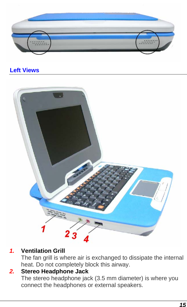  15  Left Views  1.  Ventilation Grill The fan grill is where air is exchanged to dissipate the internal heat. Do not completely block this airway. 2.  Stereo Headphone Jack The stereo headphone jack (3.5 mm diameter) is where you connect the headphones or external speakers.  