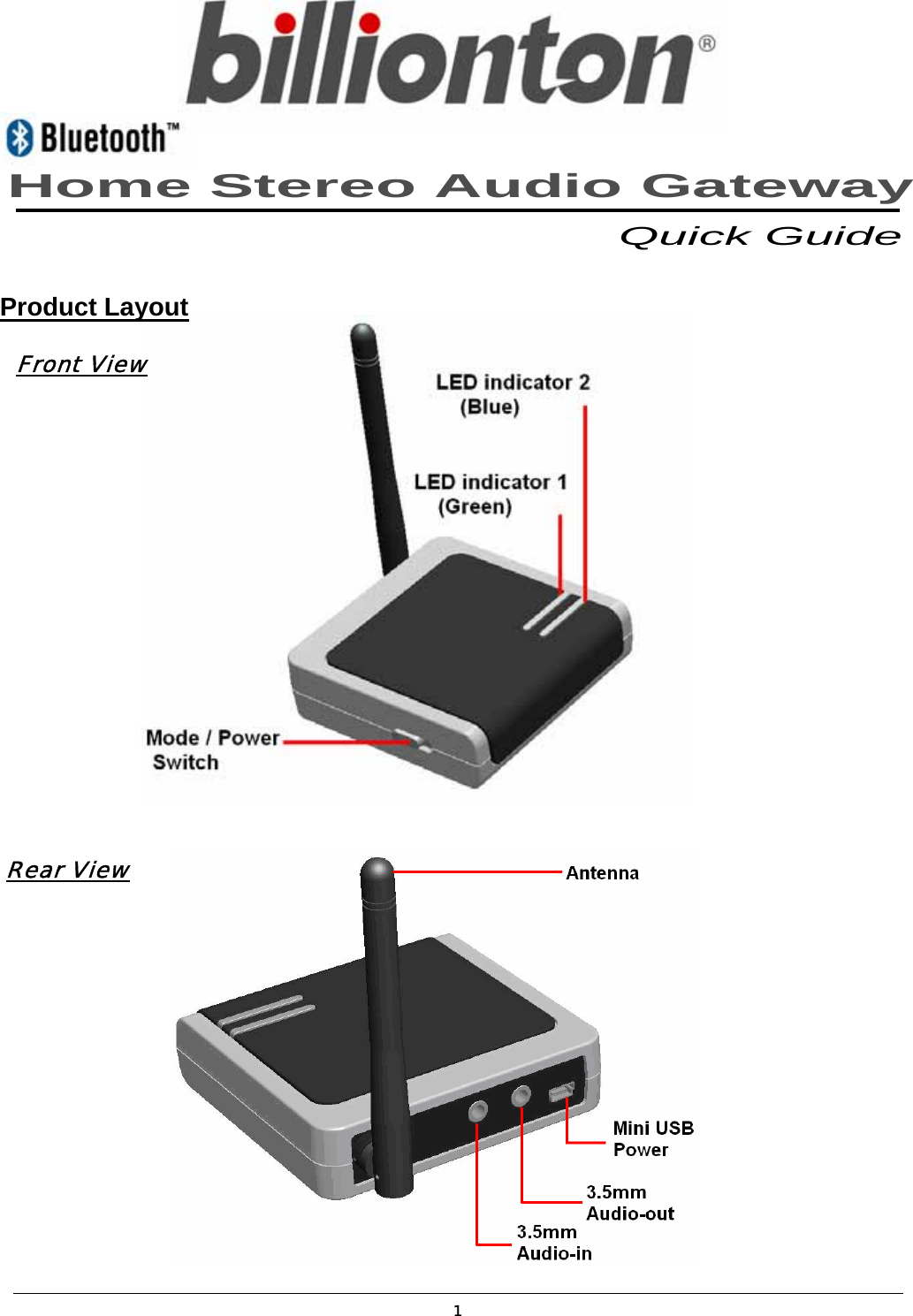 1     Product Layout Front View        Rear View       Home Stereo Audio Gateway Quick Guide