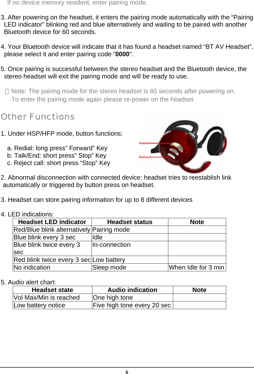   6    If no device memory resident, enter pairing mode.   3. After powering on the headset, it enters the pairing mode automatically with the “Pairing LED indicator” blinking red and blue alternatively and waiting to be paired with another Bluetooth device for 60 seconds. 4. Your Bluetooth device will indicate that it has found a headset named “BT AV Headset”, please select it and enter pairing code ”0000”. 5. Once pairing is successful between the stereo headset and the Bluetooth device, the stereo headset will exit the pairing mode and will be ready to use. ＊Note: The pairing mode for the stereo headset is 60 seconds after powering on. To enter the pairing mode again please re-power on the headset. Other Functions  1. Under HSP/HFP mode, button functions:      a. Redial: long press” Forward” Key     b. Talk/End: short press” Stop” Key       c. Reject call: short press “Stop” Key  2. Abnormal disconnection with connected device: headset tries to reestablish link automatically or triggered by button press on headset.  3. Headset can store pairing information for up to 8 different devices  4. LED indications: Headset LED indicator  Headset status  Note Red/Blue blink alternatively Pairing mode   Blue blink every 3 sec  Idle   Blue blink twice every 3 sec  In-connection  Red blink twice every 3 sec Low battery   No indication  Sleep mode    When Idle for 3 min  5. Audio alert chart: Headset state  Audio indication  Note Vol Max/Min is reached  One high tone   Low battery notice  Five high tone every 20 sec    