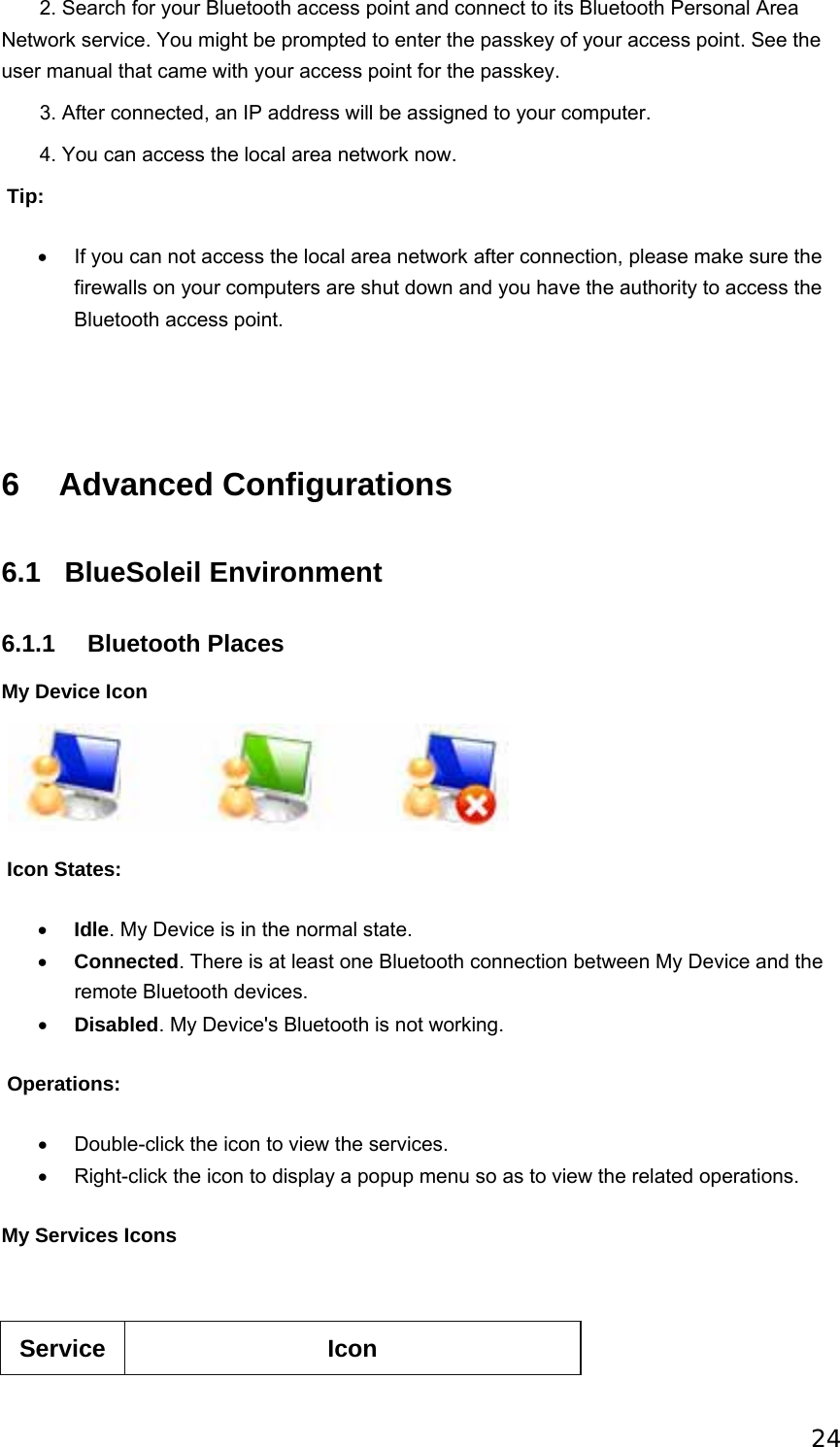 24        2. Search for your Bluetooth access point and connect to its Bluetooth Personal Area Network service. You might be prompted to enter the passkey of your access point. See the user manual that came with your access point for the passkey.        3. After connected, an IP address will be assigned to your computer.        4. You can access the local area network now.  Tip: •  If you can not access the local area network after connection, please make sure the firewalls on your computers are shut down and you have the authority to access the Bluetooth access point.       6 Advanced Configurations 6.1 BlueSoleil Environment 6.1.1 Bluetooth Places My Device Icon     Icon States: • Idle. My Device is in the normal state. • Connected. There is at least one Bluetooth connection between My Device and the remote Bluetooth devices. • Disabled. My Device&apos;s Bluetooth is not working.  Operations: •  Double-click the icon to view the services. •  Right-click the icon to display a popup menu so as to view the related operations. My Services Icons   Service Icon 