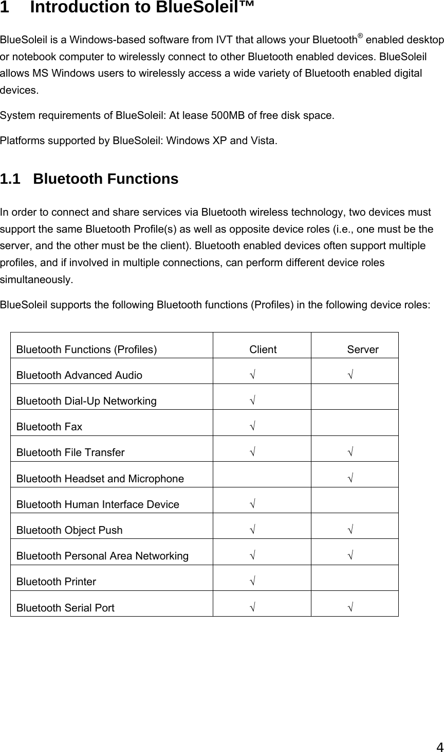  41  Introduction to BlueSoleil™ BlueSoleil is a Windows-based software from IVT that allows your Bluetooth® enabled desktop or notebook computer to wirelessly connect to other Bluetooth enabled devices. BlueSoleil allows MS Windows users to wirelessly access a wide variety of Bluetooth enabled digital devices. System requirements of BlueSoleil: At lease 500MB of free disk space. Platforms supported by BlueSoleil: Windows XP and Vista. 1.1 Bluetooth Functions In order to connect and share services via Bluetooth wireless technology, two devices must support the same Bluetooth Profile(s) as well as opposite device roles (i.e., one must be the server, and the other must be the client). Bluetooth enabled devices often support multiple profiles, and if involved in multiple connections, can perform different device roles simultaneously. BlueSoleil supports the following Bluetooth functions (Profiles) in the following device roles:  Bluetooth Functions (Profiles)  Client  Server Bluetooth Advanced Audio  √ √ Bluetooth Dial-Up Networking  √  Bluetooth Fax  √  Bluetooth File Transfer  √ √ Bluetooth Headset and Microphone    √ Bluetooth Human Interface Device  √  Bluetooth Object Push  √ √ Bluetooth Personal Area Networking  √ √ Bluetooth Printer  √  Bluetooth Serial Port  √ √ 