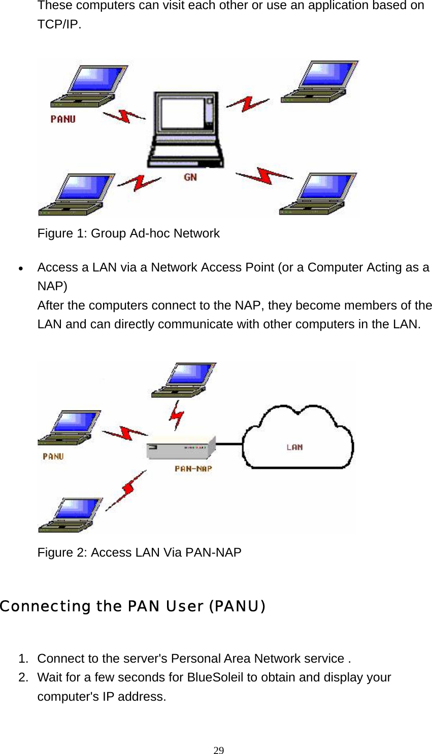   29These computers can visit each other or use an application based on TCP/IP.   Figure 1: Group Ad-hoc Network • Access a LAN via a Network Access Point (or a Computer Acting as a NAP) After the computers connect to the NAP, they become members of the LAN and can directly communicate with other computers in the LAN.   Figure 2: Access LAN Via PAN-NAP Connecting the PAN User (PANU) 1.  Connect to the server&apos;s Personal Area Network service .   2.  Wait for a few seconds for BlueSoleil to obtain and display your computer&apos;s IP address.   
