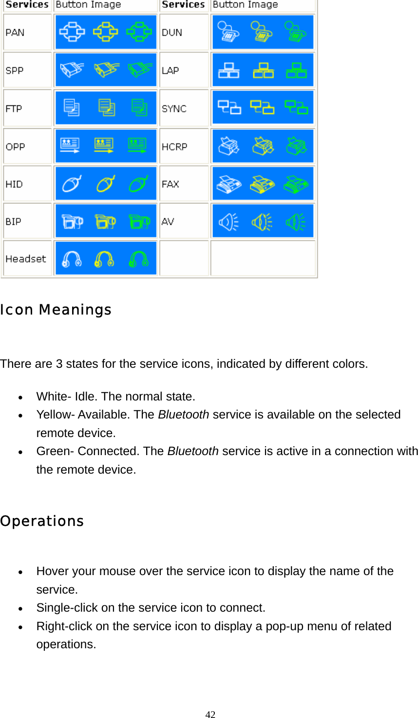   42 Icon Meanings  There are 3 states for the service icons, indicated by different colors.   • White- Idle. The normal state.   • Yellow- Available. The Bluetooth service is available on the selected remote device.   • Green- Connected. The Bluetooth service is active in a connection with the remote device.   Operations • Hover your mouse over the service icon to display the name of the service.  • Single-click on the service icon to connect.   • Right-click on the service icon to display a pop-up menu of related operations.  