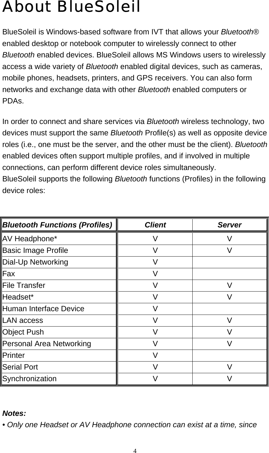   4About BlueSoleil BlueSoleil is Windows-based software from IVT that allows your Bluetooth® enabled desktop or notebook computer to wirelessly connect to other Bluetooth enabled devices. BlueSoleil allows MS Windows users to wirelessly access a wide variety of Bluetooth enabled digital devices, such as cameras, mobile phones, headsets, printers, and GPS receivers. You can also form networks and exchange data with other Bluetooth enabled computers or PDAs. In order to connect and share services via Bluetooth wireless technology, two devices must support the same Bluetooth Profile(s) as well as opposite device roles (i.e., one must be the server, and the other must be the client). Bluetooth enabled devices often support multiple profiles, and if involved in multiple connections, can perform different device roles simultaneously. BlueSoleil supports the following Bluetooth functions (Profiles) in the following device roles:     Bluetooth Functions (Profiles)  Client  Server AV Headphone*  V  V Basic Image Profile  V  V Dial-Up Networking  V   Fax V  File Transfer  V  V Headset* V V Human Interface Device  V   LAN access  V  V Object Push  V  V Personal Area Networking  V  V Printer V  Serial Port  V  V Synchronization V V     Notes: • Only one Headset or AV Headphone connection can exist at a time, since 