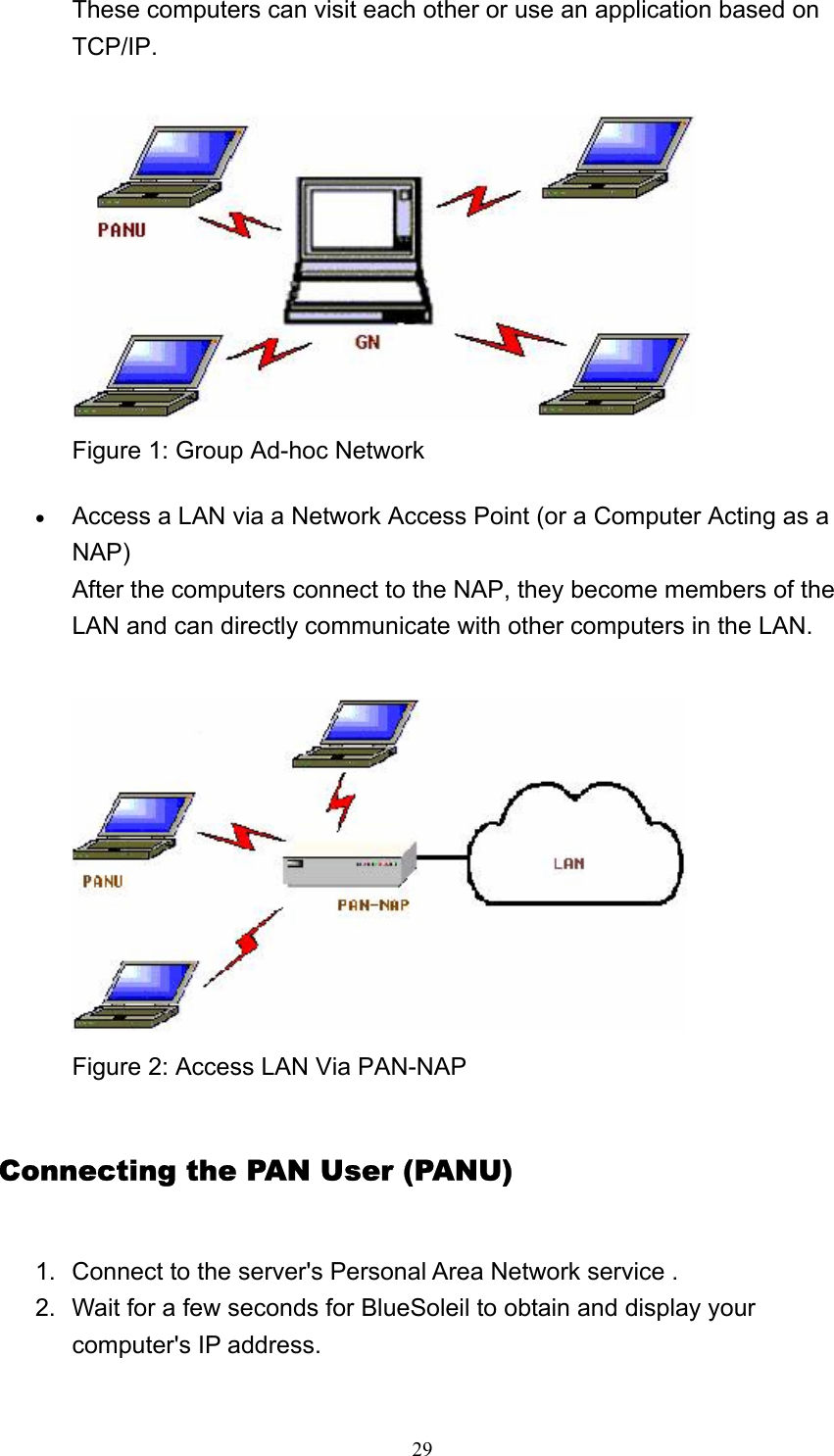   29These computers can visit each other or use an application based on TCP/IP.   Figure 1: Group Ad-hoc Network • Access a LAN via a Network Access Point (or a Computer Acting as a NAP) After the computers connect to the NAP, they become members of the LAN and can directly communicate with other computers in the LAN.   Figure 2: Access LAN Via PAN-NAP Connecting the PAN User (PANU) 1.  Connect to the server&apos;s Personal Area Network service .   2.  Wait for a few seconds for BlueSoleil to obtain and display your computer&apos;s IP address.   