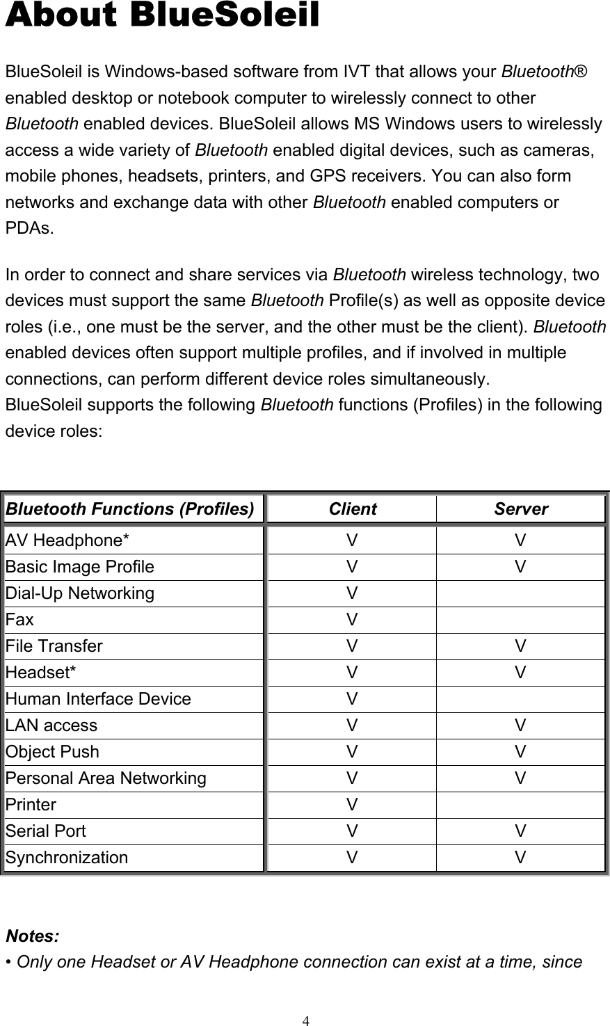   4About BlueSoleil BlueSoleil is Windows-based software from IVT that allows your Bluetooth® enabled desktop or notebook computer to wirelessly connect to other Bluetooth enabled devices. BlueSoleil allows MS Windows users to wirelessly access a wide variety of Bluetooth enabled digital devices, such as cameras, mobile phones, headsets, printers, and GPS receivers. You can also form networks and exchange data with other Bluetooth enabled computers or PDAs. In order to connect and share services via Bluetooth wireless technology, two devices must support the same Bluetooth Profile(s) as well as opposite device roles (i.e., one must be the server, and the other must be the client). Bluetooth enabled devices often support multiple profiles, and if involved in multiple connections, can perform different device roles simultaneously. BlueSoleil supports the following Bluetooth functions (Profiles) in the following device roles:     Bluetooth Functions (Profiles)  Client  Server AV Headphone*  V  V Basic Image Profile  V  V Dial-Up Networking  V   Fax V  File Transfer  V  V Headset* V V Human Interface Device  V   LAN access  V  V Object Push  V  V Personal Area Networking  V  V Printer V  Serial Port  V  V Synchronization V V     Notes: • Only one Headset or AV Headphone connection can exist at a time, since 