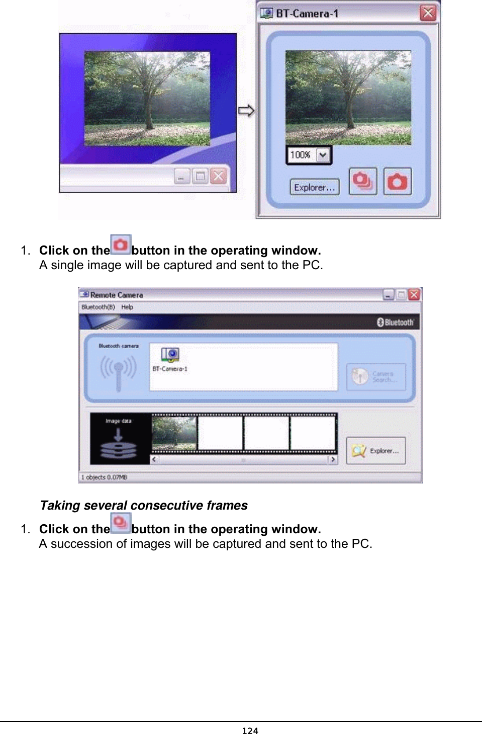   1.  Click on the button in the operating window. A single image will be captured and sent to the PC.  Taking several consecutive frames 1.  Click on the button in the operating window. A succession of images will be captured and sent to the PC.  124