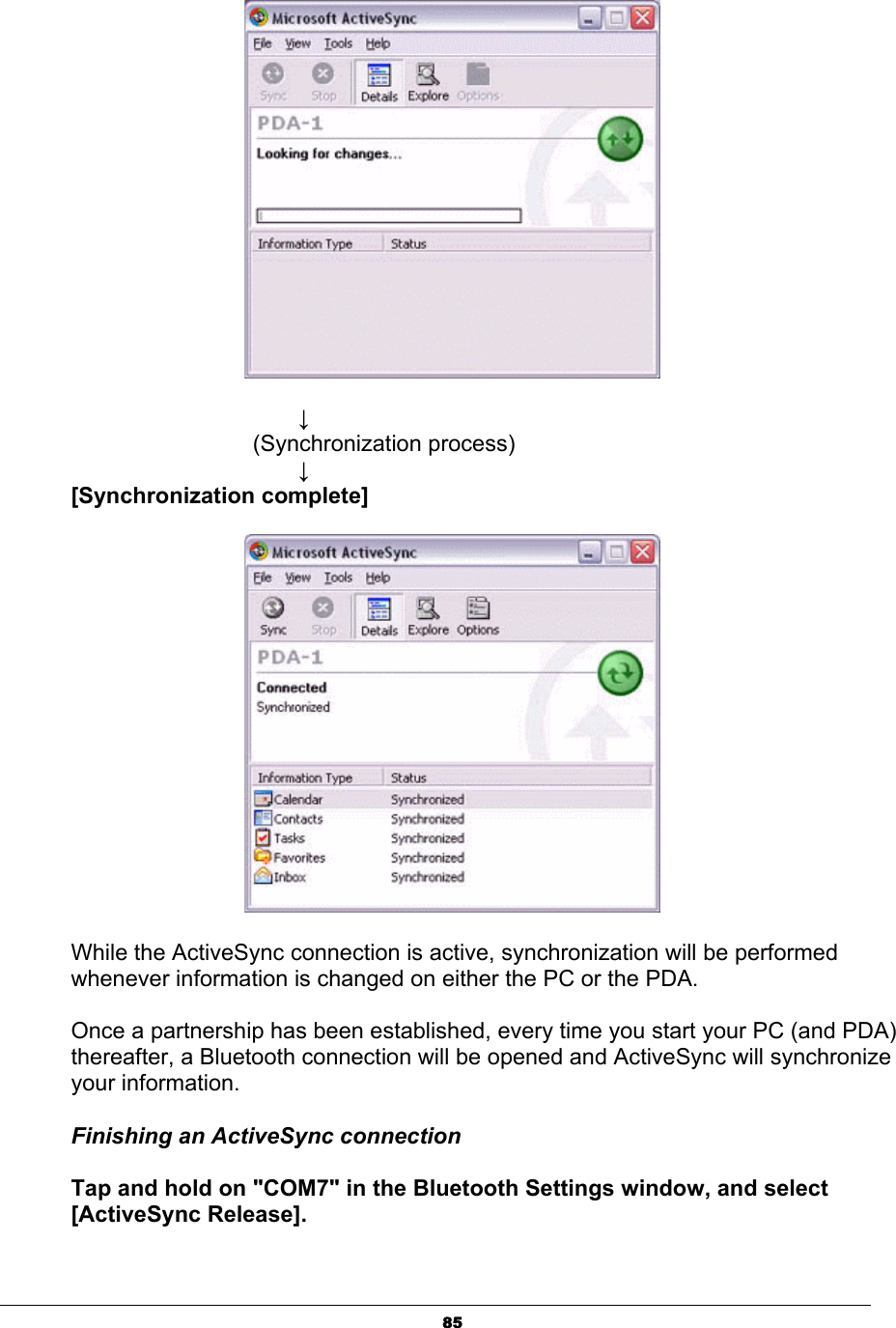 85ʳʳʳʳʳʳʳʳʳʳĻʳʳʳʳʳʳʳʳ(Synchronization process) ʳʳʳʳʳʳʳʳʳʳĻ[Synchronization complete]While the ActiveSync connection is active, synchronization will be performed whenever information is changed on either the PC or the PDA. Once a partnership has been established, every time you start your PC (and PDA) thereafter, a Bluetooth connection will be opened and ActiveSync will synchronize your information. Finishing an ActiveSync connection Tap and hold on &quot;COM7&quot; in the Bluetooth Settings window, and select [ActiveSync Release]. 