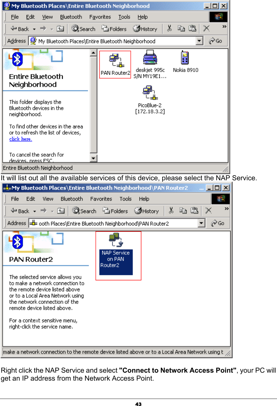   43 It will list out all the available services of this device, please select the NAP Service.  Right click the NAP Service and select &quot;Connect to Network Access Point&quot;, your PC will get an IP address from the Network Access Point.  