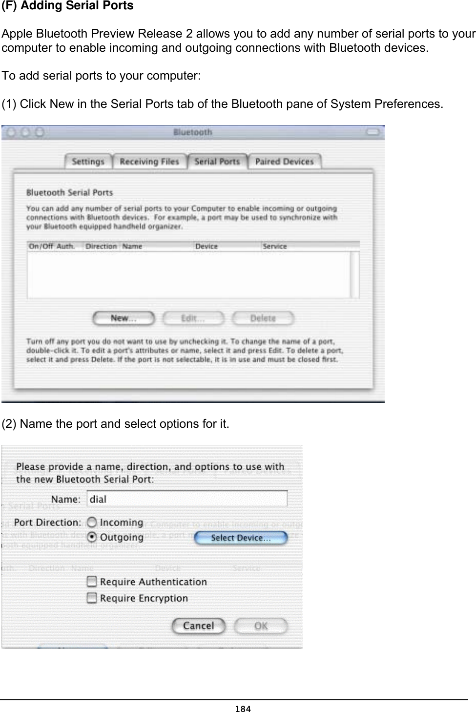   184(F) Adding Serial Ports   Apple Bluetooth Preview Release 2 allows you to add any number of serial ports to your computer to enable incoming and outgoing connections with Bluetooth devices.   To add serial ports to your computer:   (1) Click New in the Serial Ports tab of the Bluetooth pane of System Preferences.  (2) Name the port and select options for it.  