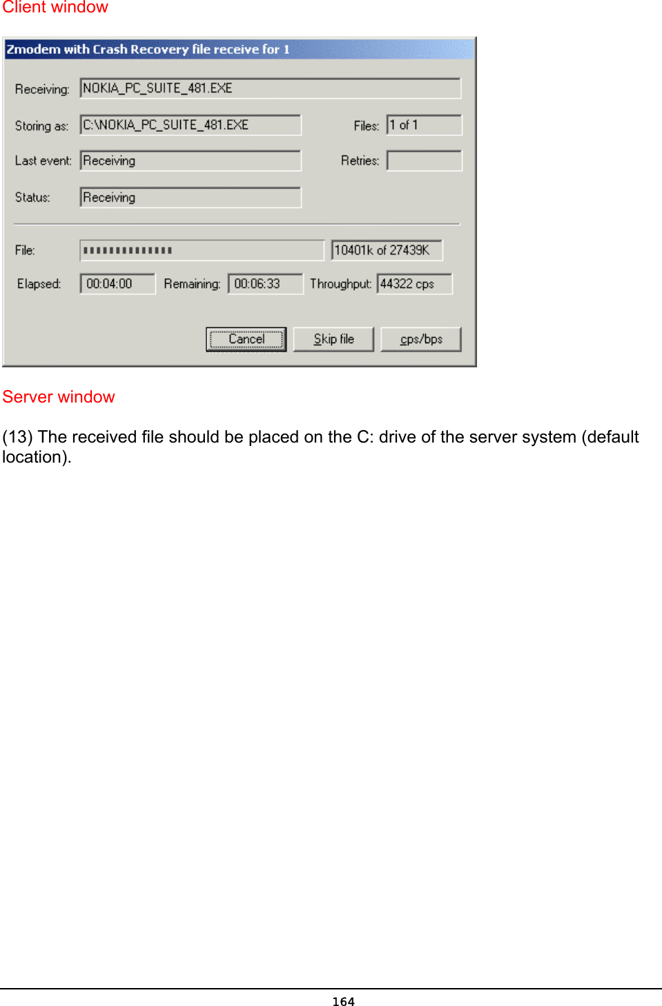   164Client window     Server window   (13) The received file should be placed on the C: drive of the server system (default location).  