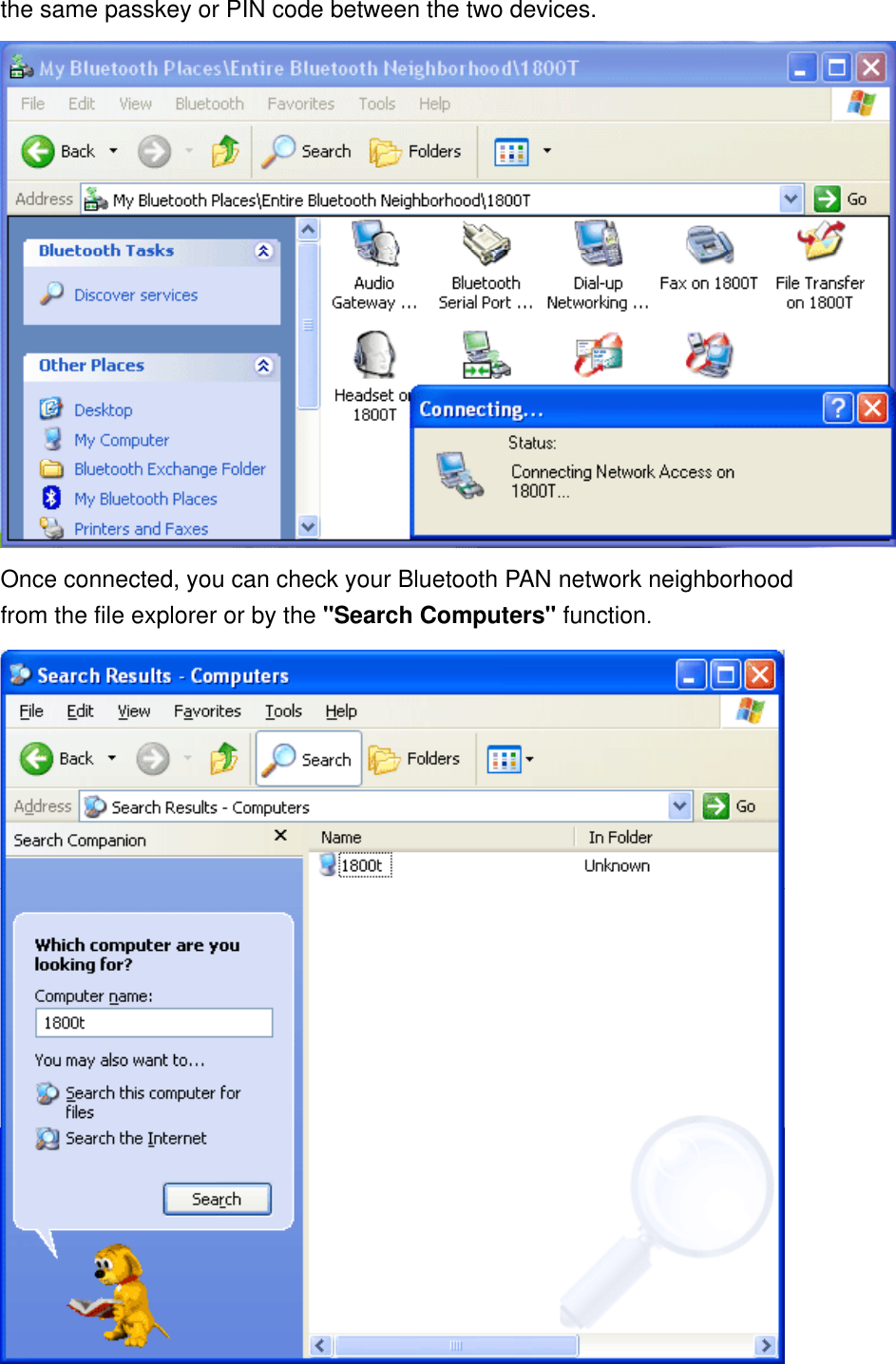 the same passkey or PIN code between the two devices.   Once connected, you can check your Bluetooth PAN network neighborhood from the file explorer or by the &quot;Search Computers&quot; function.  