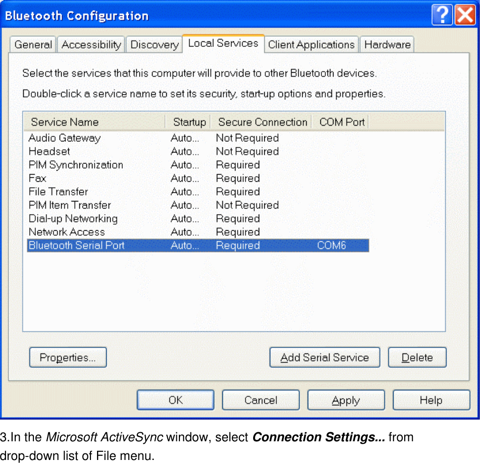  3.In the Microsoft ActiveSync window, select Connection Settings... from drop-down list of File menu. 