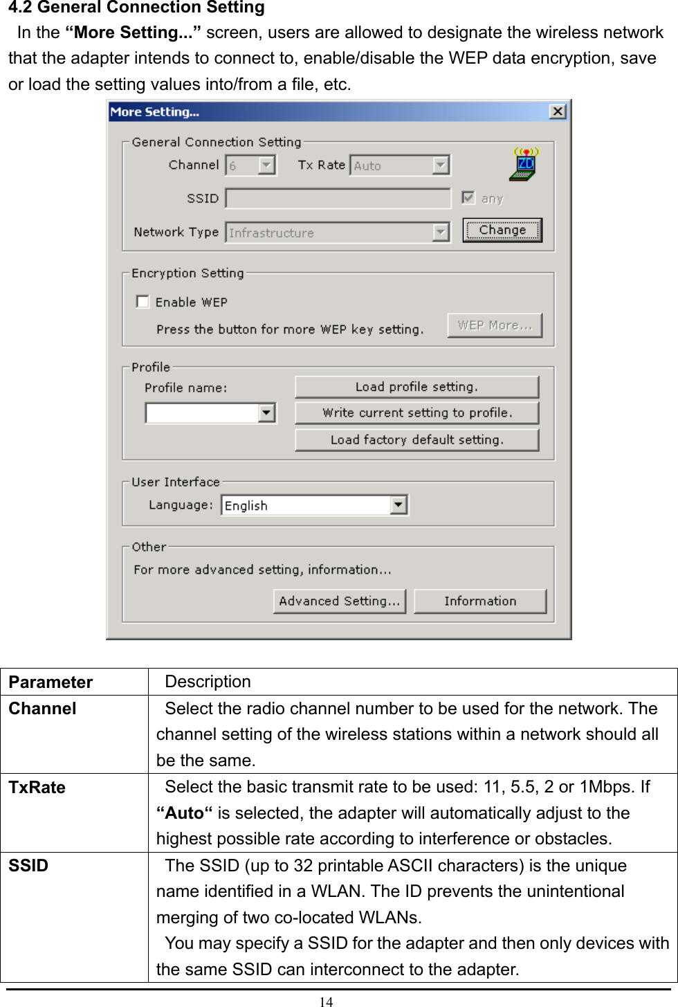  14  4.2 General Connection Setting    In the “More Setting...” screen, users are allowed to designate the wireless network that the adapter intends to connect to, enable/disable the WEP data encryption, save or load the setting values into/from a file, etc.     Parameter   Description  Channel    Select the radio channel number to be used for the network. The channel setting of the wireless stations within a network should all be the same.   TxRate    Select the basic transmit rate to be used: 11, 5.5, 2 or 1Mbps. If “Auto“ is selected, the adapter will automatically adjust to the highest possible rate according to interference or obstacles.   SSID    The SSID (up to 32 printable ASCII characters) is the unique name identified in a WLAN. The ID prevents the unintentional merging of two co-located WLANs.     You may specify a SSID for the adapter and then only devices with the same SSID can interconnect to the adapter.   