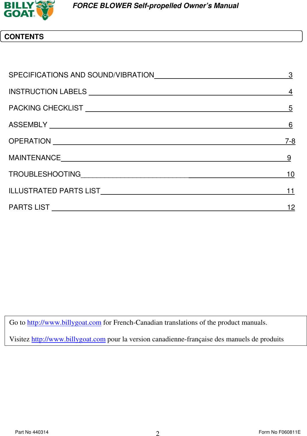 Page 2 of 12 - Billy-Goat Billy-Goat-F1302Sph-Users-Manual 440314 F060811E FORCE SP OPER MANUAL