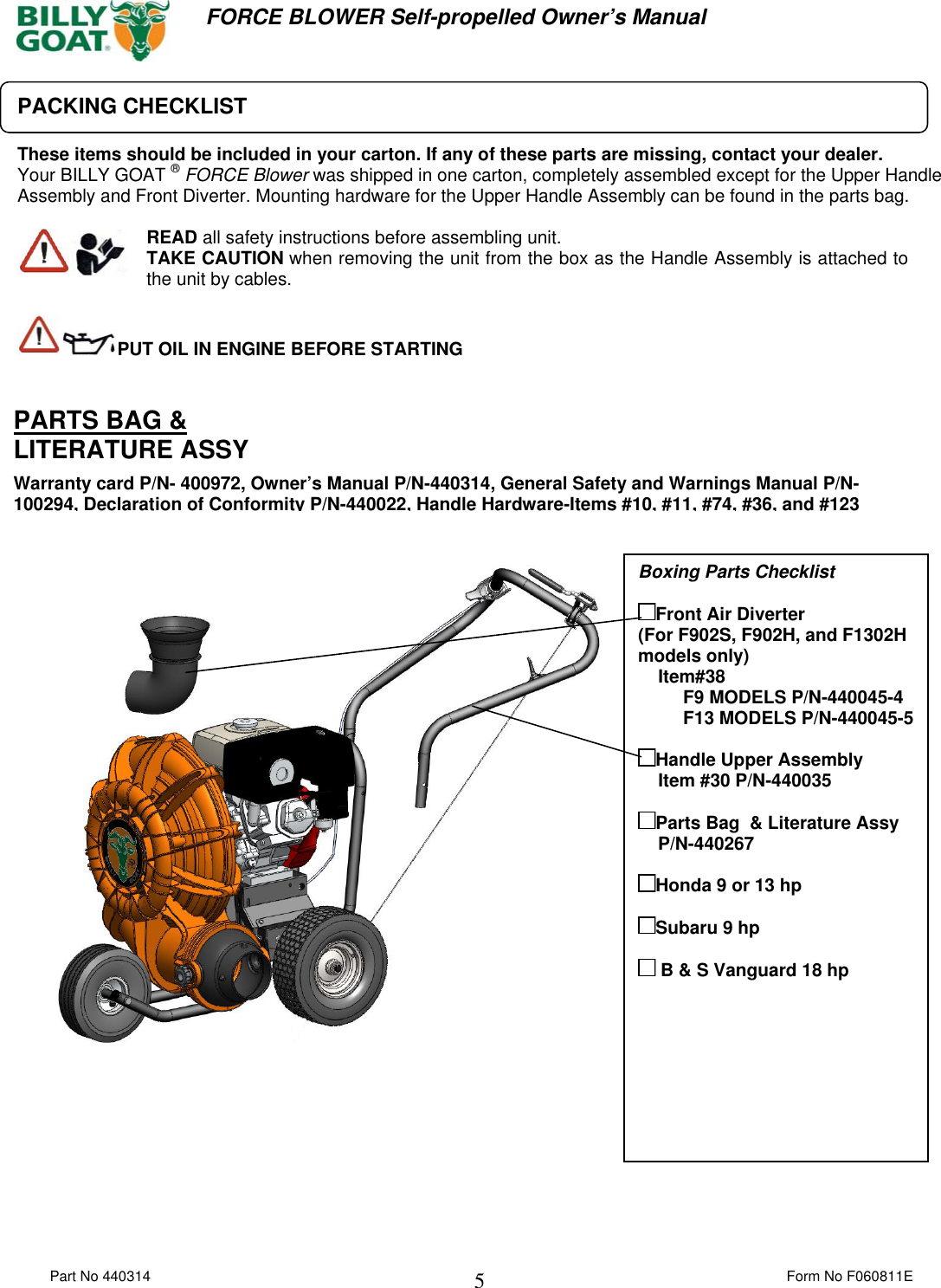 Page 5 of 12 - Billy-Goat Billy-Goat-F1302Sph-Users-Manual 440314 F060811E FORCE SP OPER MANUAL