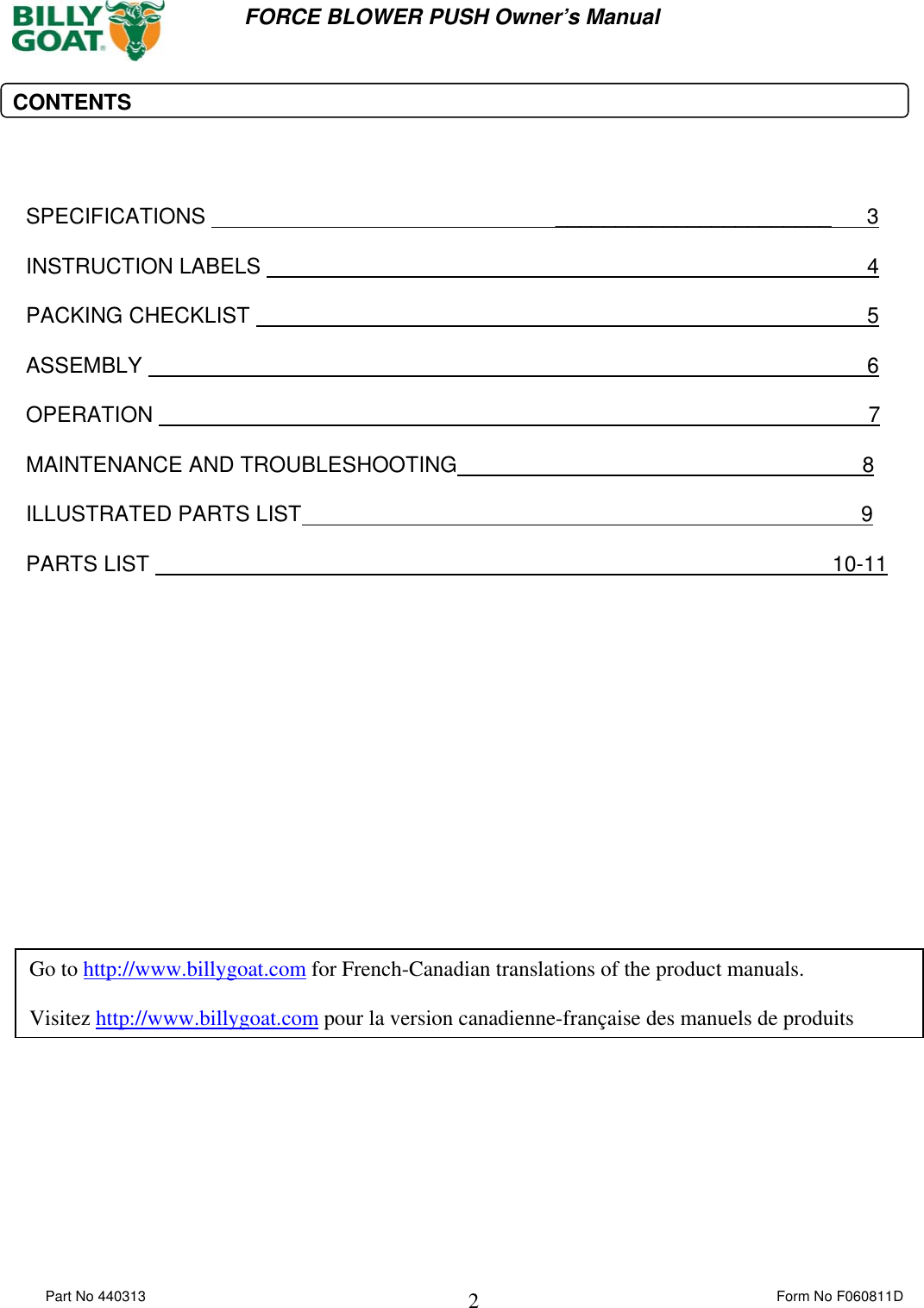 Page 2 of 11 - Billy-Goat Billy-Goat-F1802V-Users-Manual 440313 F060811D FORCE PUSH OPER MANUAL