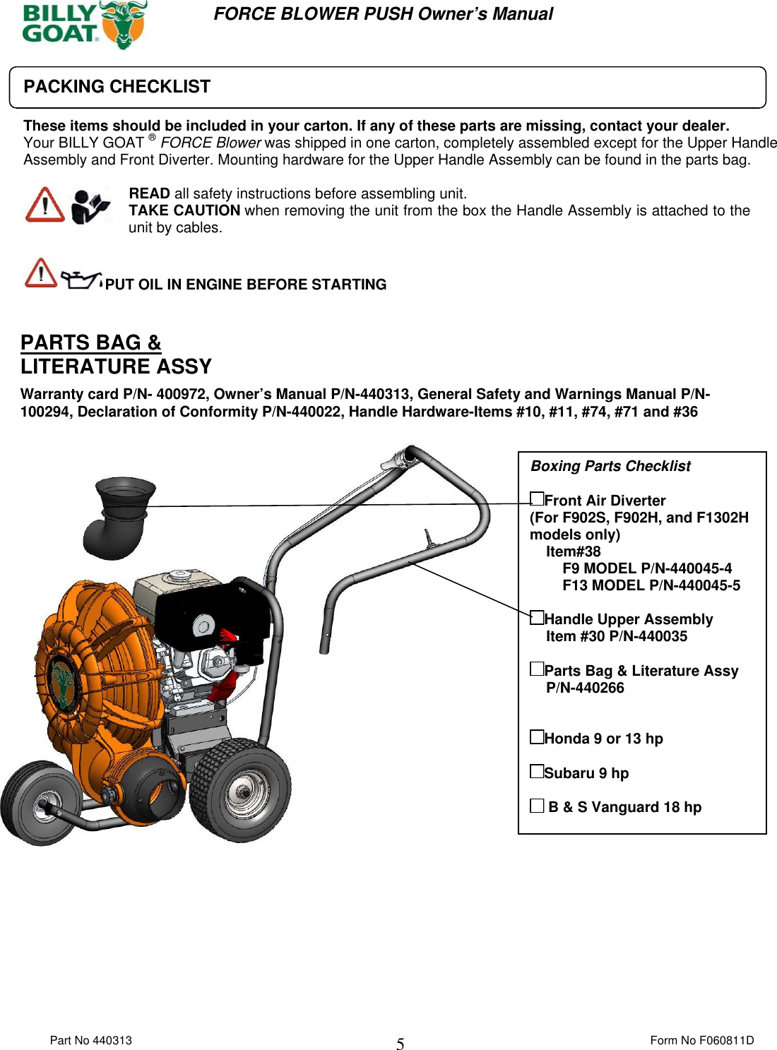 Page 5 of 11 - Billy-Goat Billy-Goat-F1802V-Users-Manual 440313 F060811D FORCE PUSH OPER MANUAL