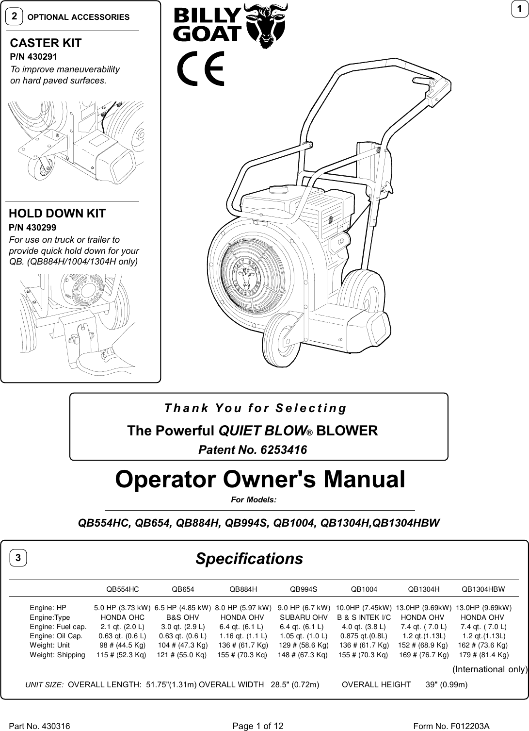 Page 1 of 12 - Billy-Goat Billy-Goat-Qb1004-Qb884H-Qb1304H-Qb994S-Qb654-Qb1304Hbw-Qb554Hc-Users-Manual-  Billy-goat-qb1004-qb884h-qb1304h-qb994s-qb654-qb1304hbw-qb554hc-users-manual