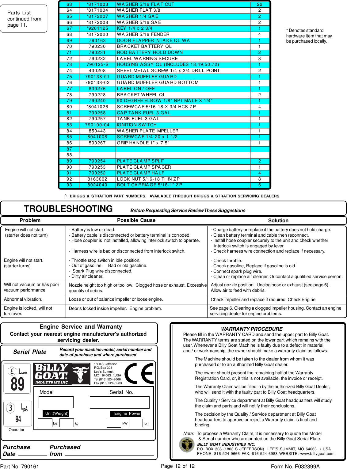 Page 12 of 12 - Billy-Goat Billy-Goat-Ql2000Ve-Users-Manual- 790161 ECR3279  Billy-goat-ql2000ve-users-manual