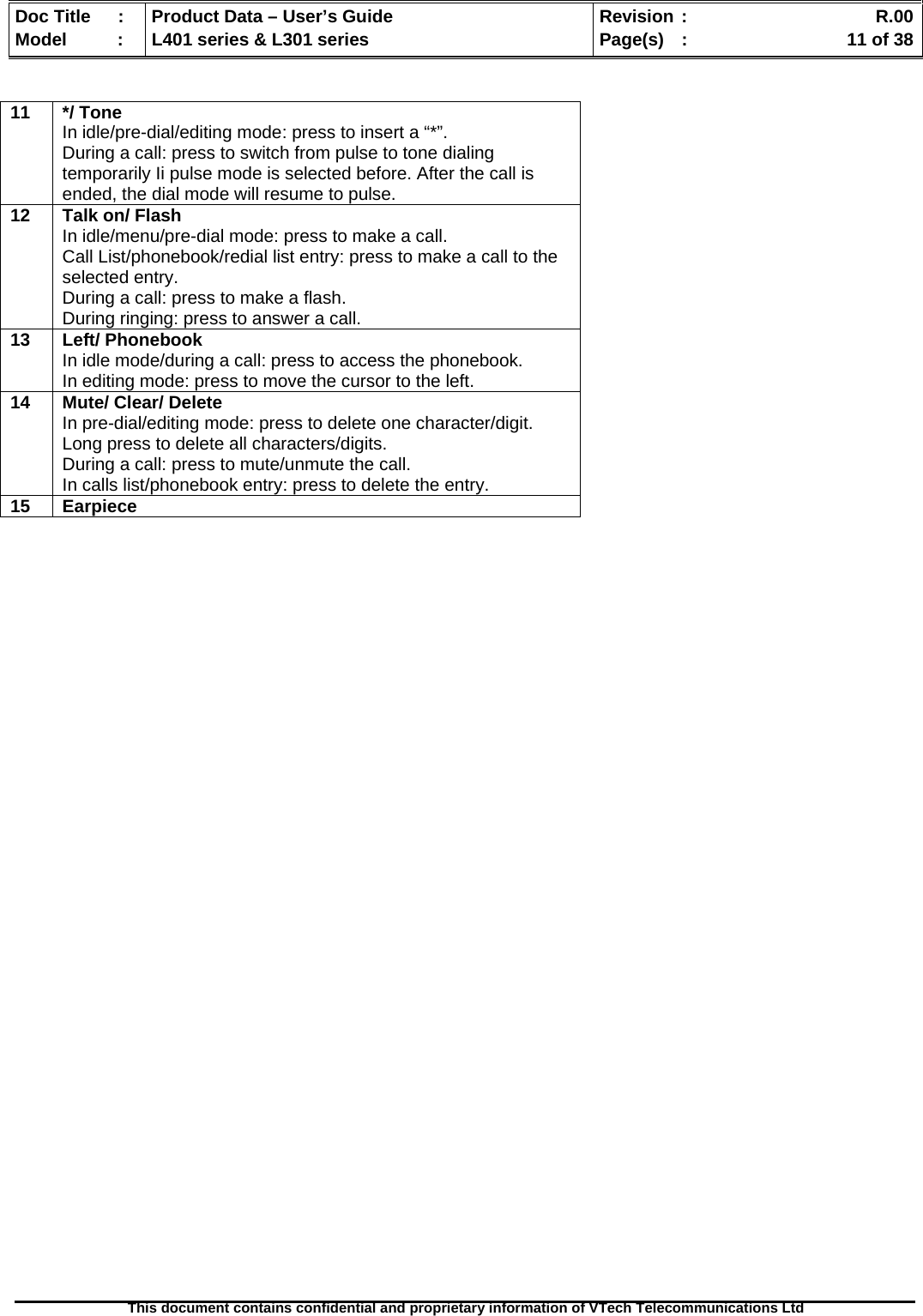   Doc Title  :  Product Data – User’s Guide  Revision :    R.00Model   :  L401 series &amp; L301 series  Page(s)  :    11 of 38  This document contains confidential and proprietary information of VTech Telecommunications Ltd        11 */ Tone In idle/pre-dial/editing mode: press to insert a “*”. During a call: press to switch from pulse to tone dialing temporarily Ii pulse mode is selected before. After the call is ended, the dial mode will resume to pulse. 12  Talk on/ Flash In idle/menu/pre-dial mode: press to make a call. Call List/phonebook/redial list entry: press to make a call to the selected entry. During a call: press to make a flash. During ringing: press to answer a call. 13 Left/ Phonebook In idle mode/during a call: press to access the phonebook. In editing mode: press to move the cursor to the left. 14  Mute/ Clear/ Delete In pre-dial/editing mode: press to delete one character/digit. Long press to delete all characters/digits. During a call: press to mute/unmute the call. In calls list/phonebook entry: press to delete the entry. 15 Earpiece 